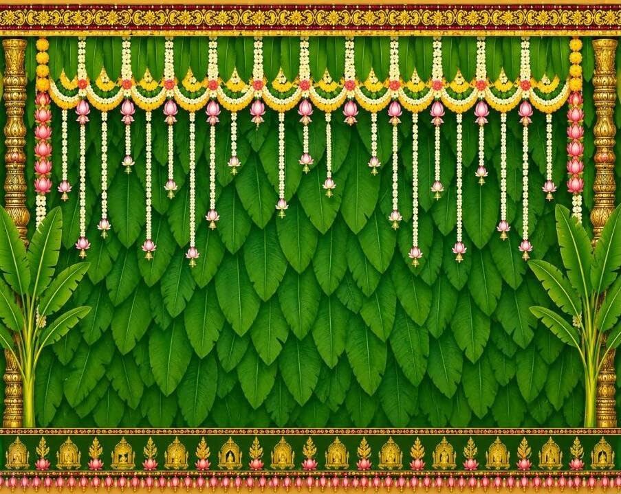 Image of Pooja Background Decoration Cloth | Green Banana Leaf Backdrop Cloth Ethnic Indian Wedding 8x8 Feet | Back Drop Curtain for Decoration Pooja laxmi Devi