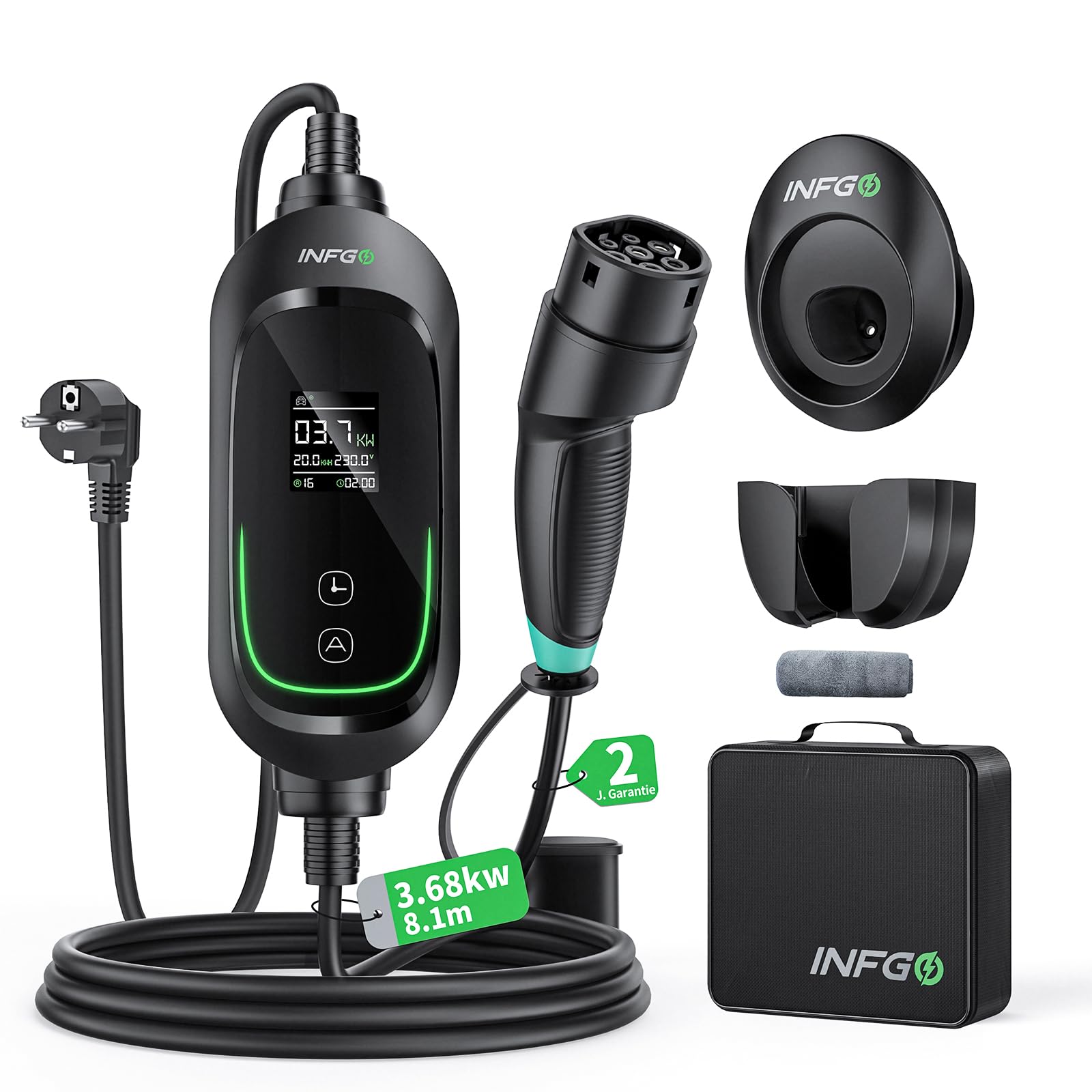 INFGO Mobile Wallbox 3,68kW [1-phasig, 8,1m, 6-16A], EV Charger mit Einstellbarer Ladeleistung, Timer-Funktion, Typ 2 Ladekabel Schuko für Model Y/3, ID.3, i4, EQB, e-tron und weitere PHEV/EV, Schwarz