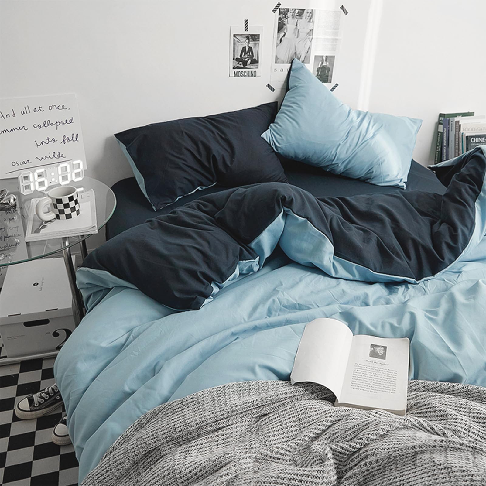 Duvet Cover Set Queen Size 4 Pcs, Include 1 Quilt Cover 200 x 230cm & 2 Pillow Cases 48 x 74cm & 1 Bedsheet 235 x 250cm, Super Soft Washed Cotton Bedding Set, Excluding Cotton - Locke Blue