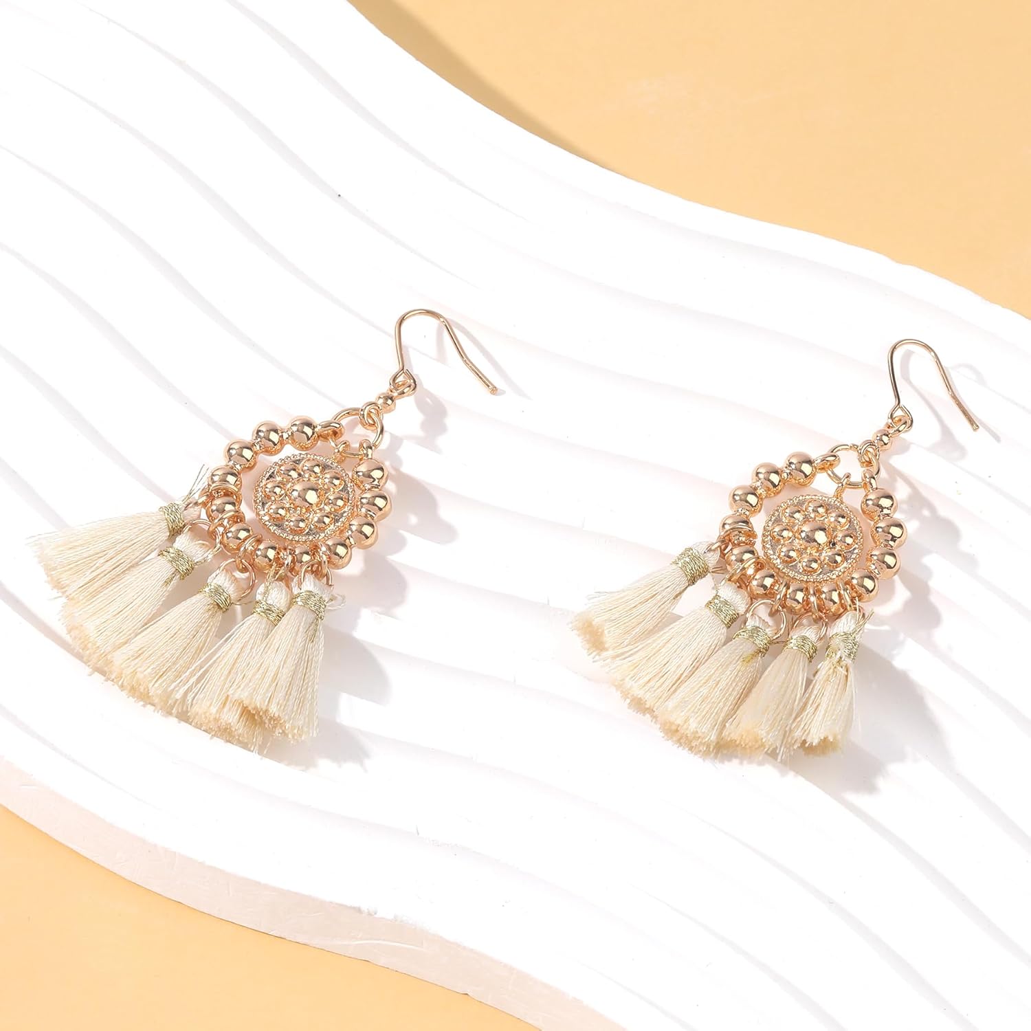 Bohemian Dangle Tassel Earrings for Women 14K Gold Plated Tassel Gold Ball Beads Hoop Fringe Chandelier Earrings Beaded Circle Hoop Boho Statement Earrings Handmade Party Jewelry Gift for Teen, Beige - Image 6