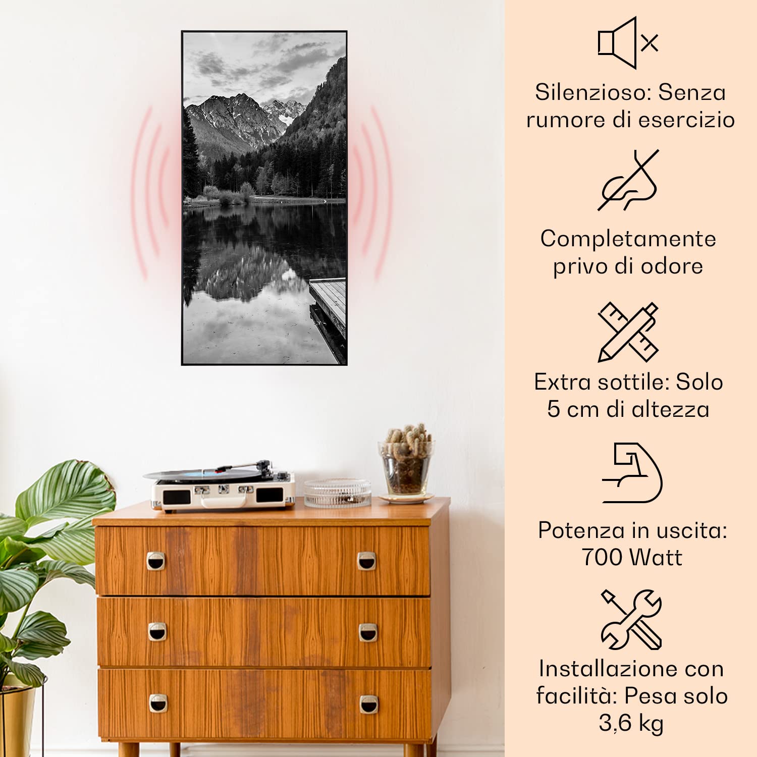 Klarstein Air Art Smart Stufa Elettrica Basso Consumo, Termoconvettore Elettrico da Parete 700W con Controllo IoT/WiFi App, Termosifone Elettrico a Muro, Pannello Radiante Infrarossi, Senza CO2