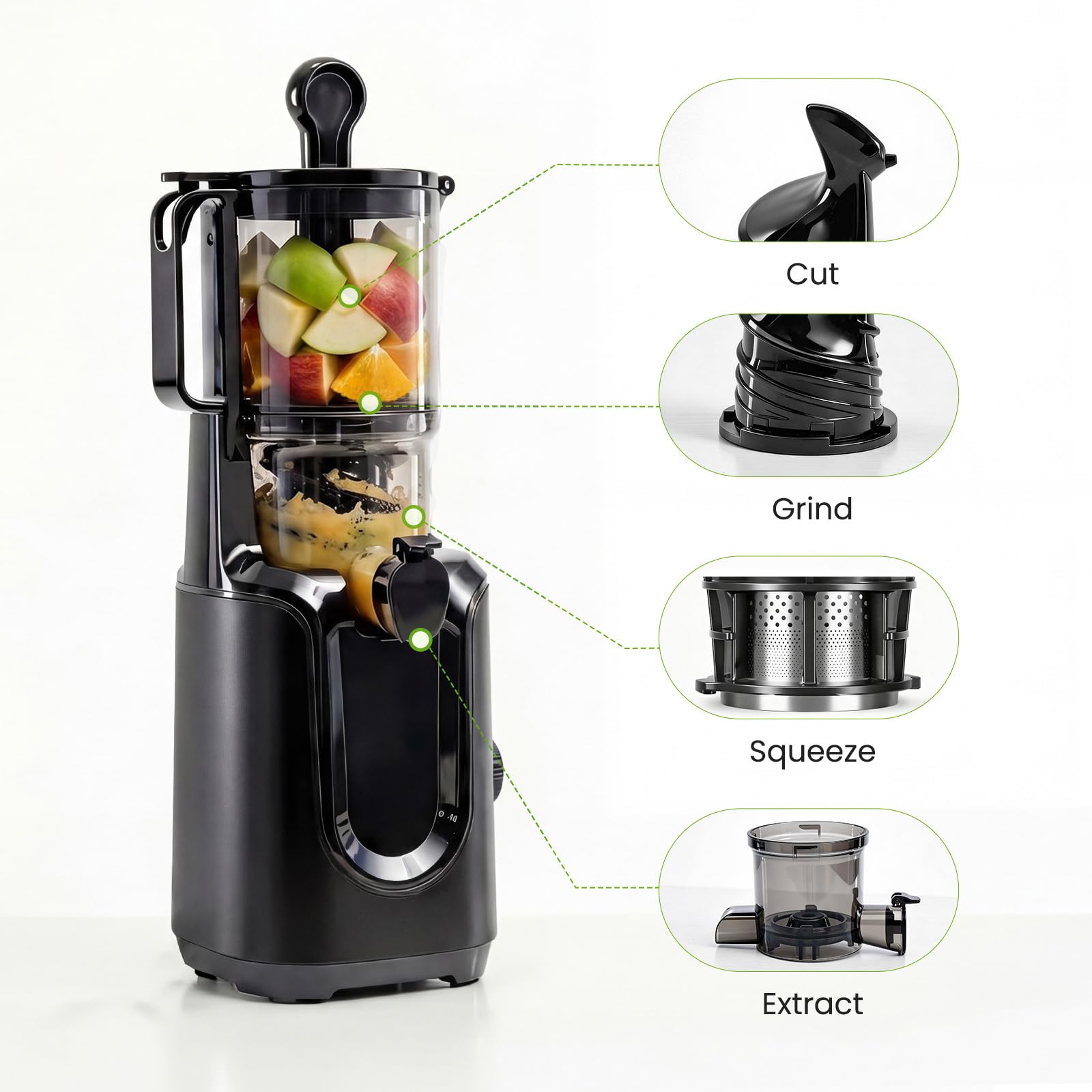 Slow Chew Juicer macchine, spremiagrumi a freddo con blocco di sicurezza e funzione inversa, 4.25" canale di alimentazione per frutta e verdura intera, alto