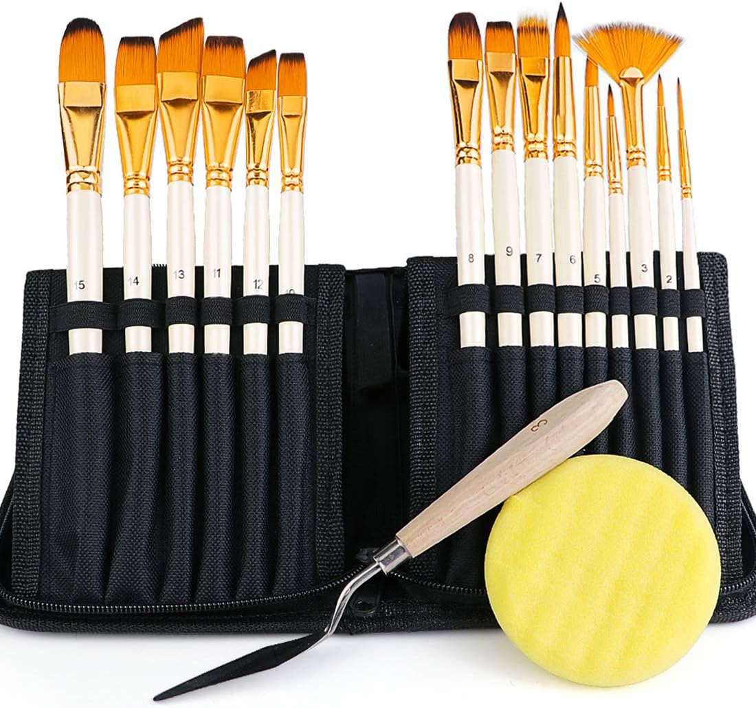 BOSOBO Paint Brushes Set, 15 Pcs Professional Artist Paintbrushes w/Travel Case and Palette Knife for Acrylic Watercolor Oil Gouache Painting, Face Body Nail Art, Paint by Number, Craft, Model, Black