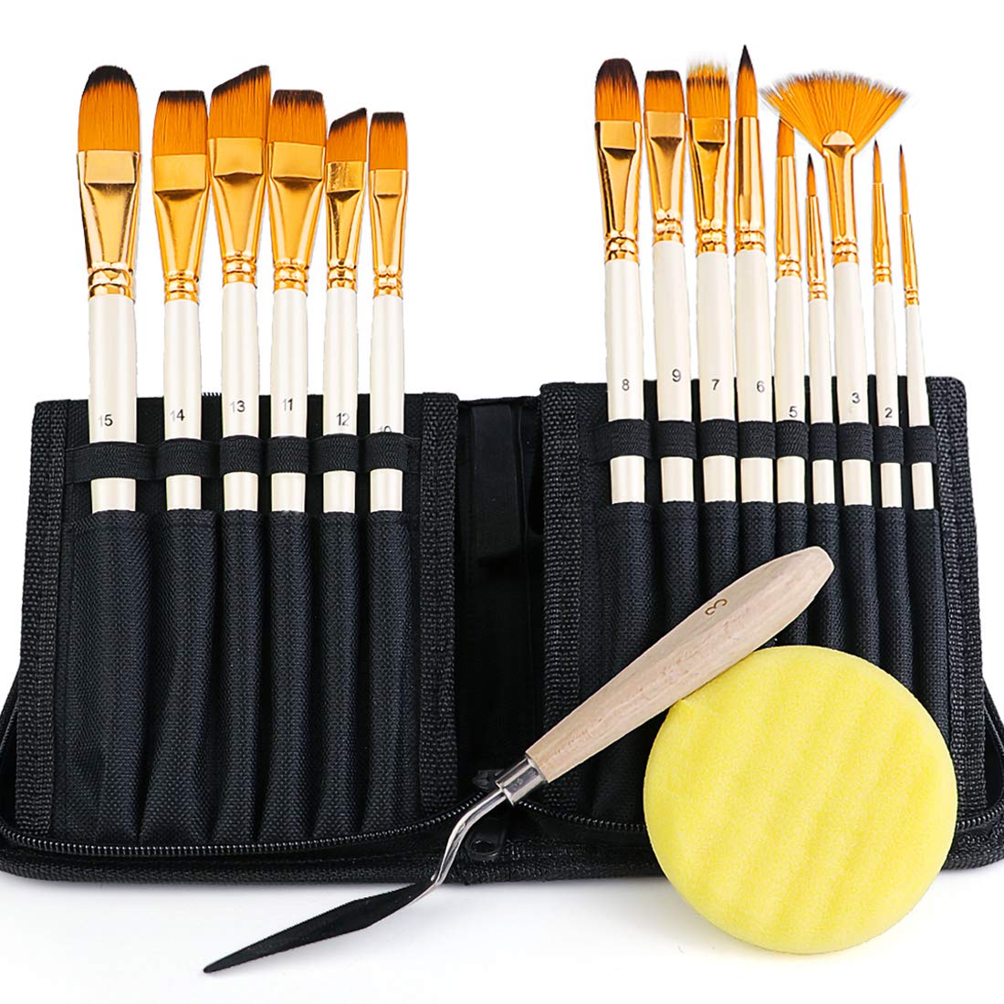 BOSOBO Paint Brushes Set, 15 Pcs Professional Artist Paintbrushes w/Travel Case and Palette Knife for Acrylic Watercolor Oil Gouache Painting, Face Body Nail Art, Paint by Number, Craft, Model, Black