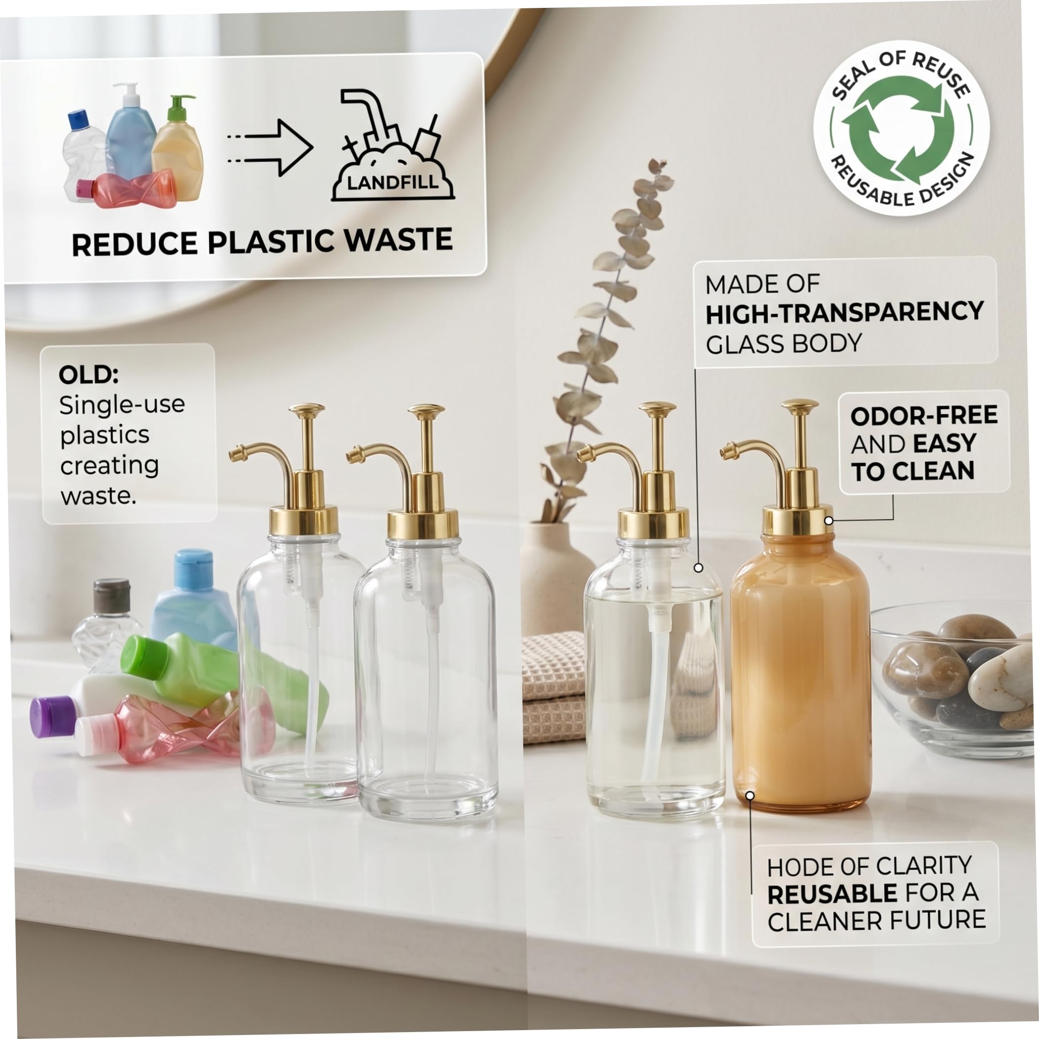 2er-Pack Seifenspender-Set aus Glas, nachfüllbare Hand- und Spülmittelspender mit goldfarbener Metallpumpe, durchsichtige Flaschen, ideal für Küche und Badezimmer, Gold