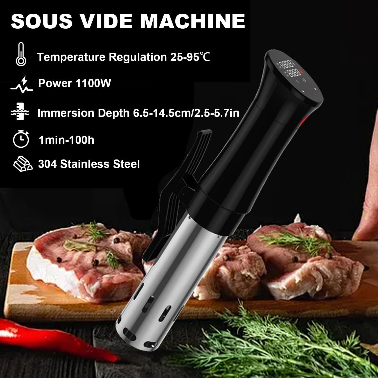 Sous Vide, Máquina Sous Vide de 1100W, Circulador de Inmersión Térmica para Baño de Agua, Control Preciso de Tiempo y Temperatura, Rango de 25–95°C