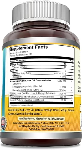 Miniatura 3 de Amazing Omega - Aceite de hígado de bacalao noruego 1250 mg 120 cápsulas blandas (sabor naranja fresco)