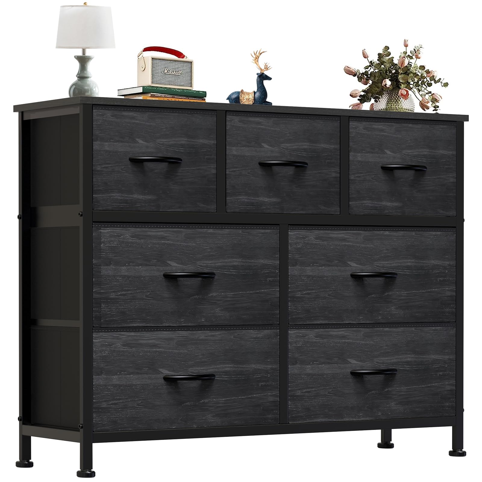 OLIXIS 7 Drawers Dresser for Bedroom, Fabric Storage Tower for Living Room, Entryway - Sturdy Steel Frame, Wooden Top and Easy Pull Fabric Bins, Closet Chests Organizer for Clothes,Black Wood Grain