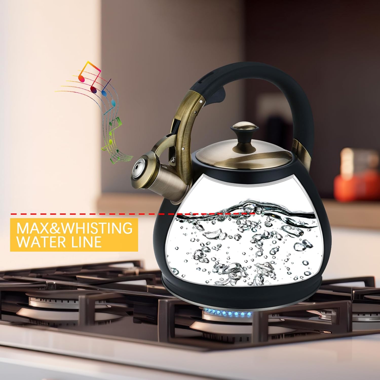 tea kettle stovetop whistling kettle teapot, 3quart tea pot stainless steel teakettle for stove top with heat proof ergonomic handle black