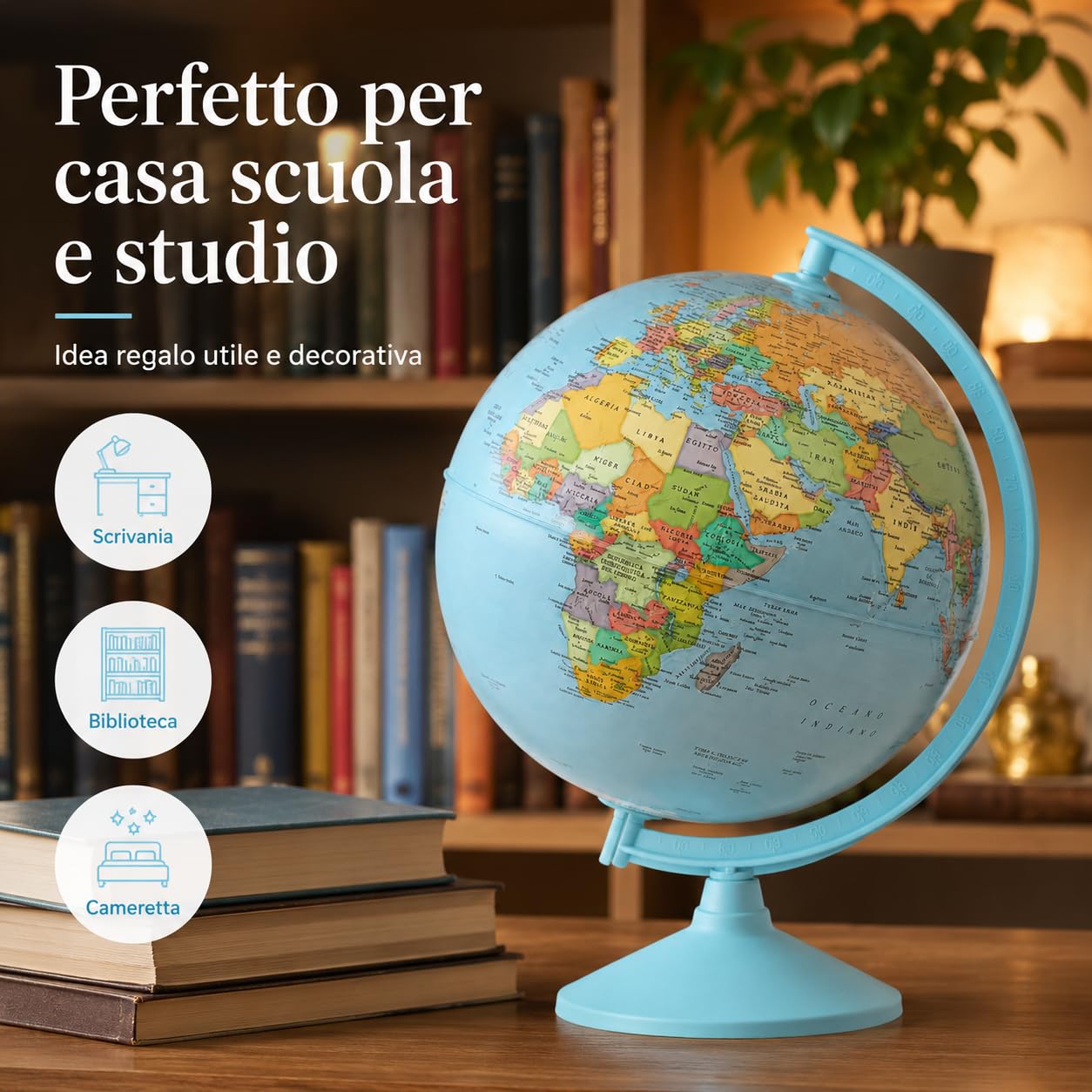 Mappamondo 30 cm con Mappa Italiana e Base Azzurra Girevole | Globo da scrivania con arco coordinato lettura chiara per scuola casa studio bambini studenti e appassionati