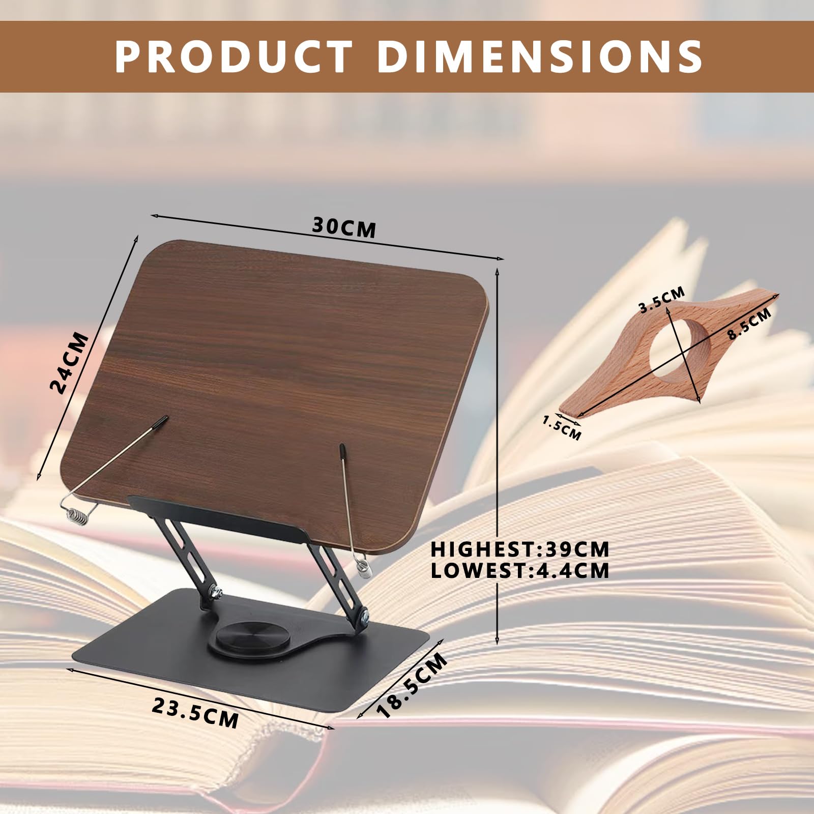 Leggio Girevole 360° Regolabile in Altezza | Supporto Libro e Tablet con Base in Metallo Stabile e Angoli Multiregolabili | Anello Fermapagina in Faggio | Per Lettura, Studio e Ricette