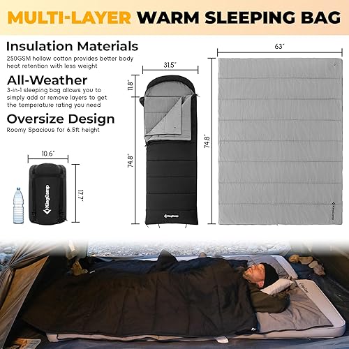 Miniatura 2 de King Camp 3 in 1 Flannel Sleeping Bag for Adults, 3-4 Season Warm&Cold Weather Sleeping Bags, Washable Inner Lining, Large, Lightweight, Waterproof,