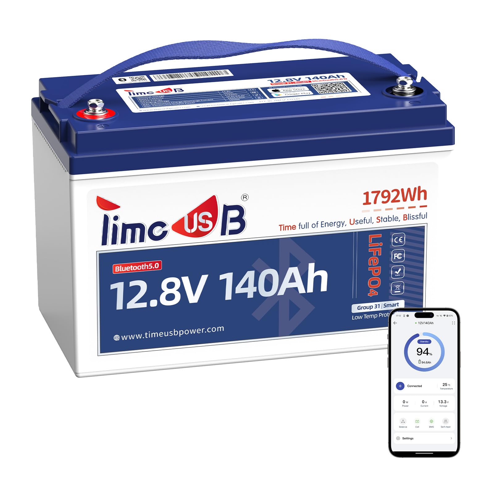 Timeusb Bluetooth 12V 140Ah Batteria LiFePO4,150A BMS,Batteria Litio con Protezione Contro le Basse Temperature,Potenza 1920W,1792Wh di Energia per Camper,Barca,Trolling Motor,Solare e Off-Grid