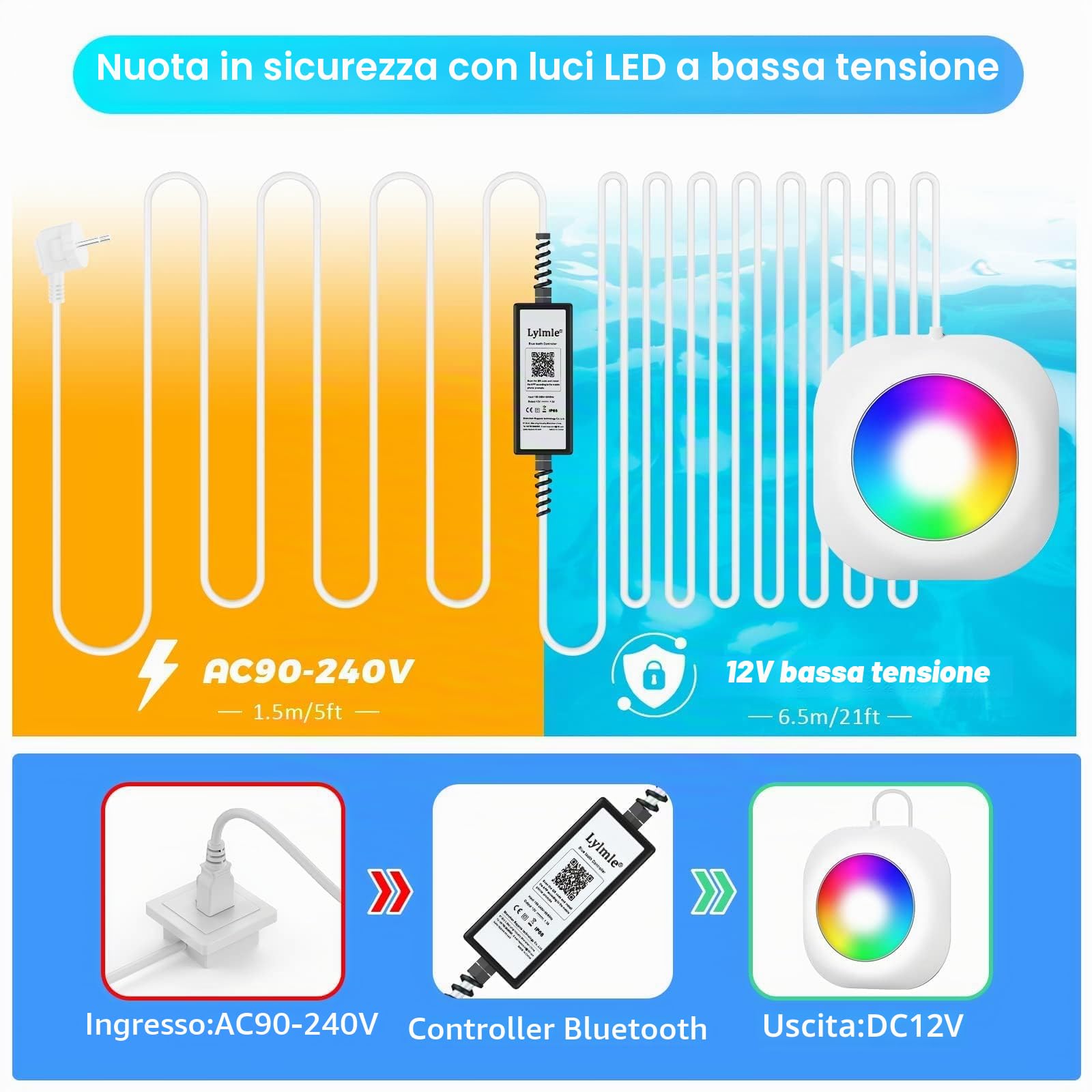 LyLmLe 20 W - Illuminazione a LED senza fili, 12 V luci per piscina sommergibile con controllo APP, dimmerabile, IP68, impermeabile, lampada magnetica con 8 m cavo per piscina fuori terra