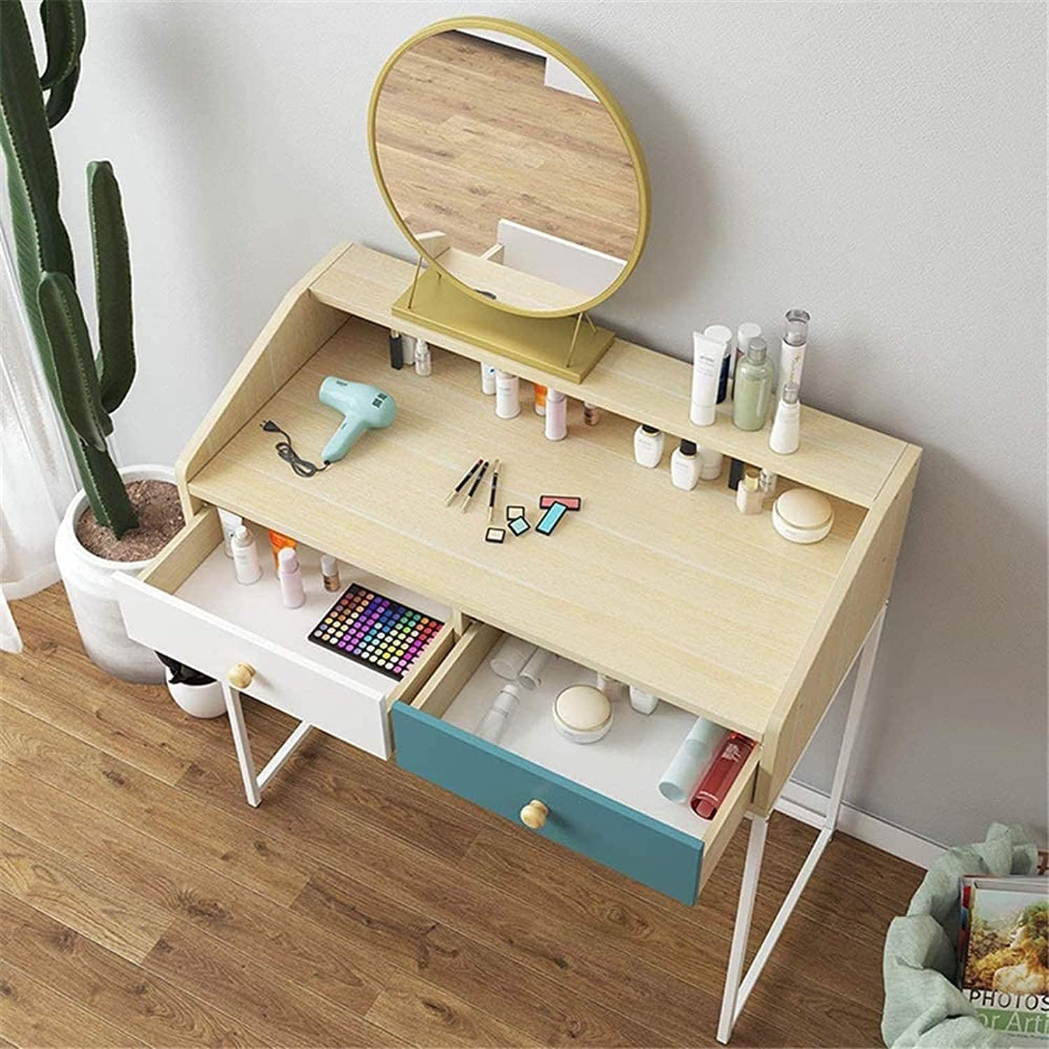 Vanity Benches Set Vanities Table with Round-Mirrors for Bathroom Bedroom Girls Vanity for Gift
