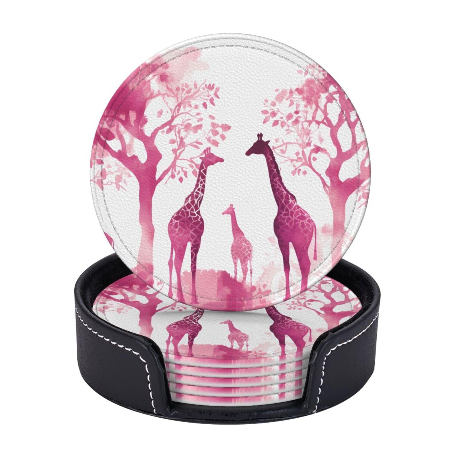 Drink Coasters Set of 6 Coffee Leather Coaster with Holder Silhouette of Pink Giraffe Coasters for Drinks Coffee Cup Mat Heat Resistant Tabletop Protection Coaster Desk Accessorie Home Decorative