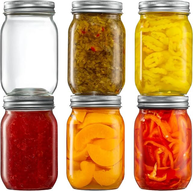 [6 Pack] 16 oz. Regular-Mouth Glass Mason Jars with Metal Airtight Lids and Bands for 1 Pint Canning, Preserving, & Meal Prep