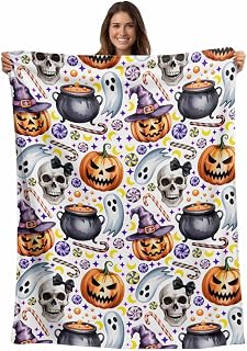 Halloween Flannel Throw Blanket for Couch, Lightweight Fleece Soft Cozy Bed Blankets for Boys Girls Adults Kids, Skeleton Candy Cane Pumpkin Cute Ghost All Season Personalized Car Blanket 59 x 79 Inch