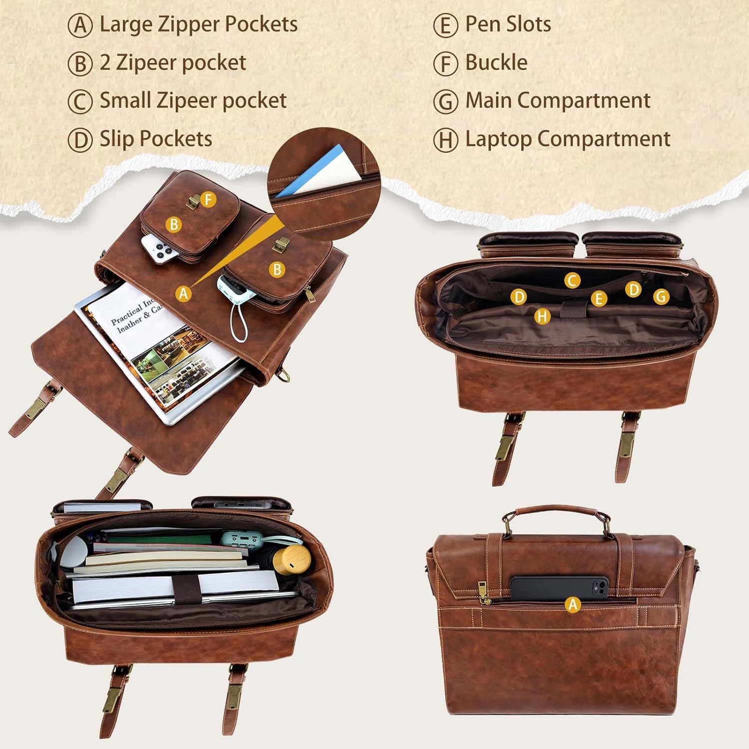 Wogarl Messenger Bag for Men 15.7 inch: Vintage PU Leather Briefcase Large Computer Laptop Bag for Office Business - Image 6