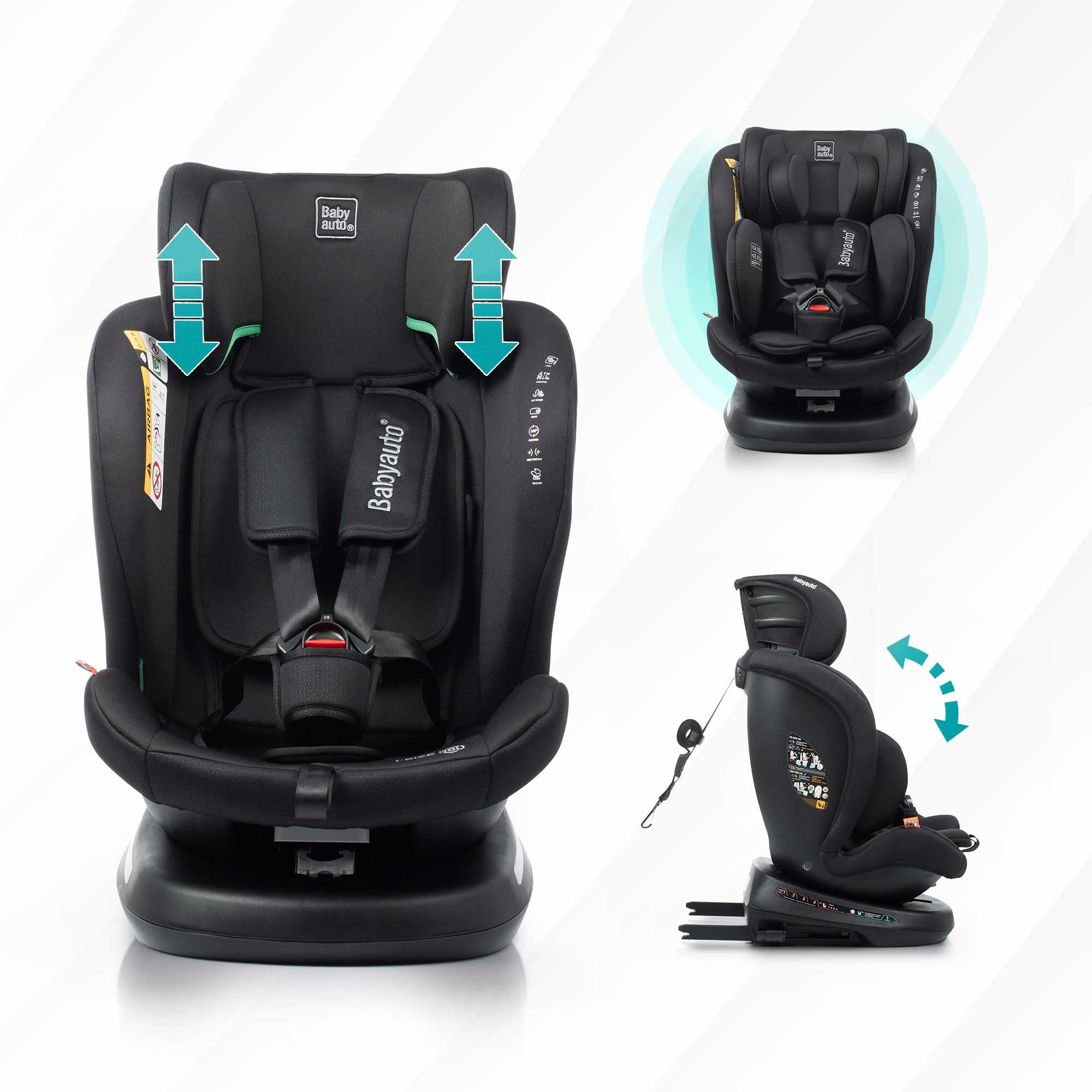 BABYAUTO – Silla de Coche Rodia Plus i-Size (0-12 Años, 40-150 cm, 0-36kg) – A Contramarcha hasta 105 cm – Rotación 360° – ISOFIX – Protección Lateral – Reclinable y Evolutiva – Black Embossed