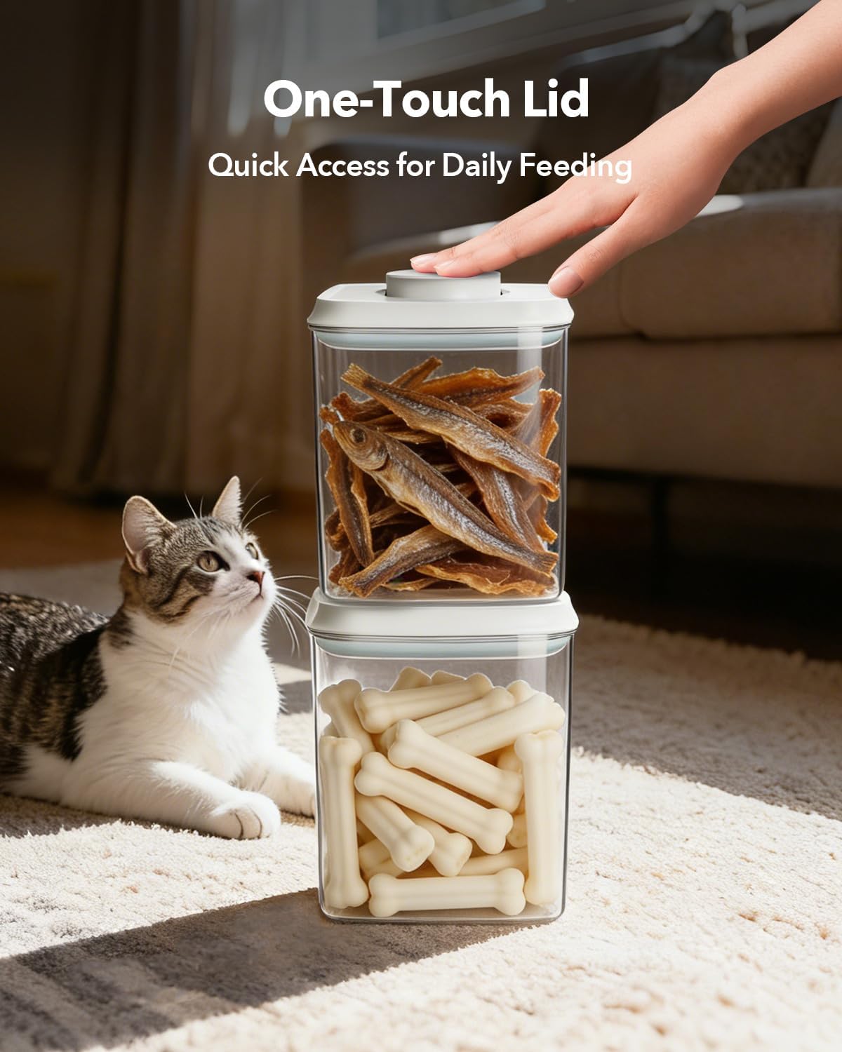 Dog Food Storage System with One-Touch Lid & Scoop, Mixed Size Set (2.8 QT / 2.65 L & 4.2 QT / 4.0 L) Cat Food Storage Container，Stackable Durable PET for Kibble, Treats & Complete Feeding