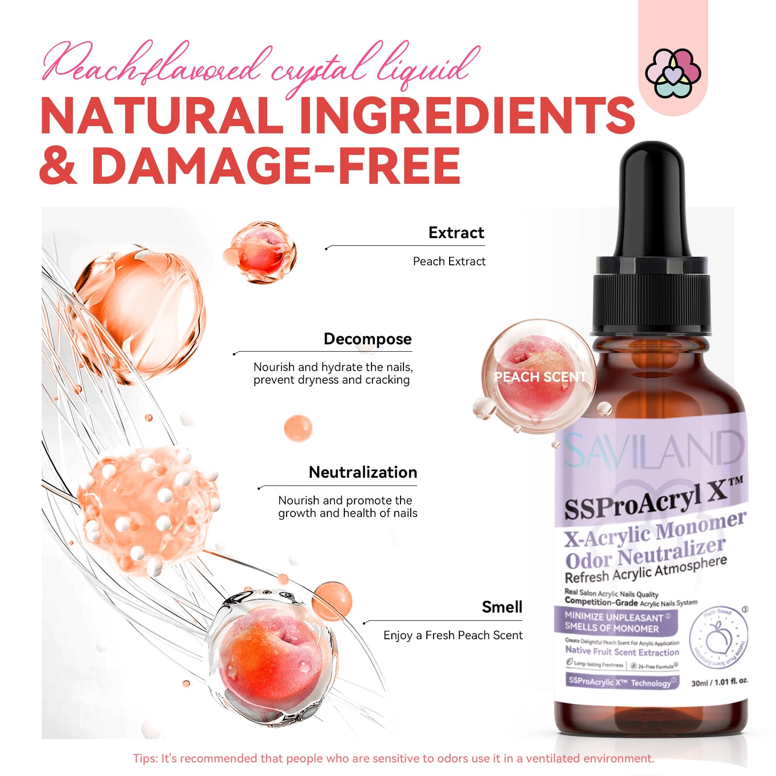 SAVILAND Acrylic Liquid Monomer Odor Neutralizer: 30 ml Peach Scent Monomer Drops Odor Out for Acrylic Monomer Liquid Drops Monomer Smell Eliminator with Dropper Nail Tech Acrylic Nails Salon Use - Image 4