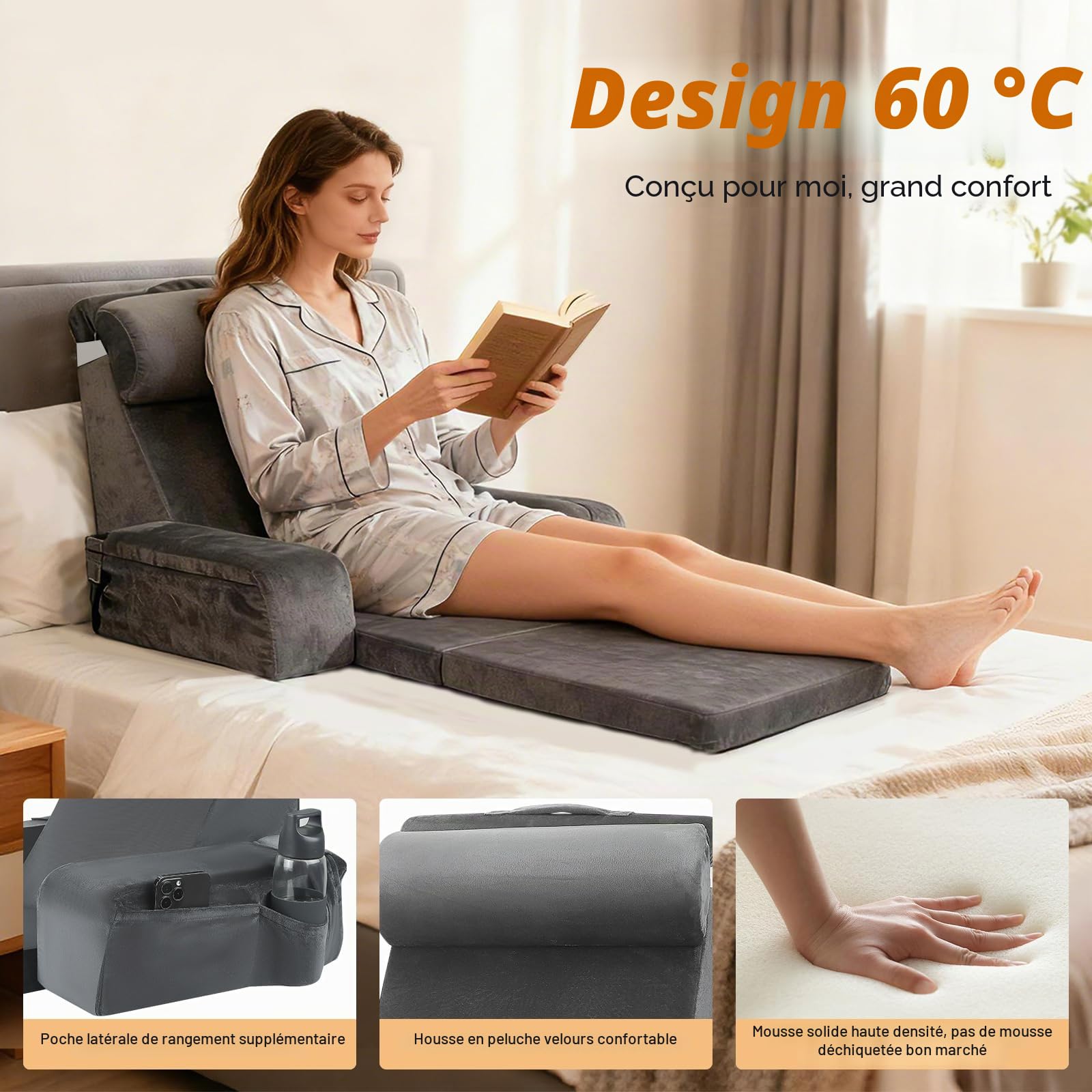 Grand Coussin de Lecture avec Appui-Tête Détachable et Accoudoir, Coussin en Forme d'Os pour Adultes avec Housse Lavable à Longs Poils, Coussin Ergonomique pour le Dos, Coussin de Lecture