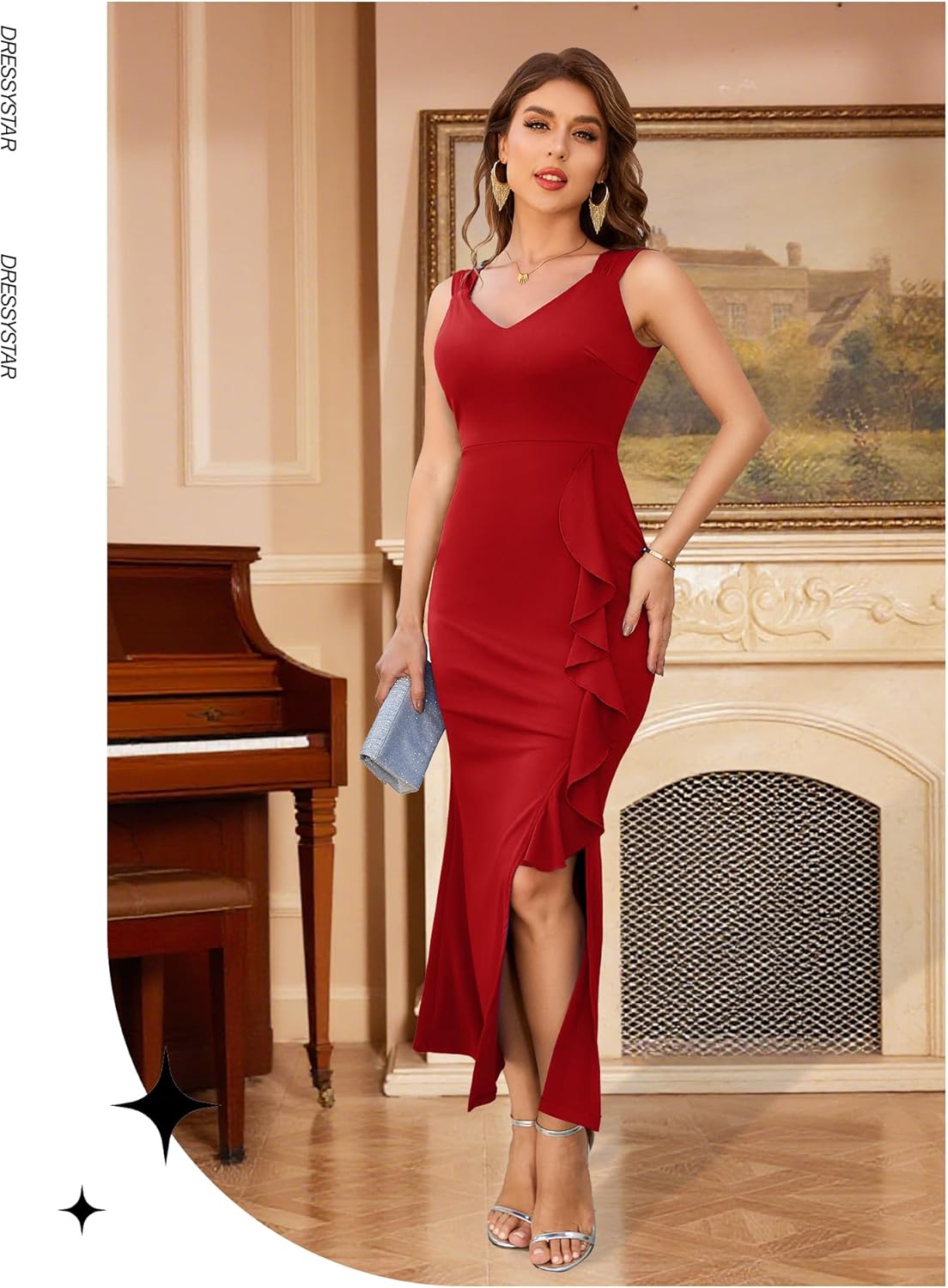 Dressystar Womens V Neck Spring Formal Evening Maxi Dress Bodycon Sleeveless Mermaid Split Wedding Guest Cocktail Dresses - Image 3