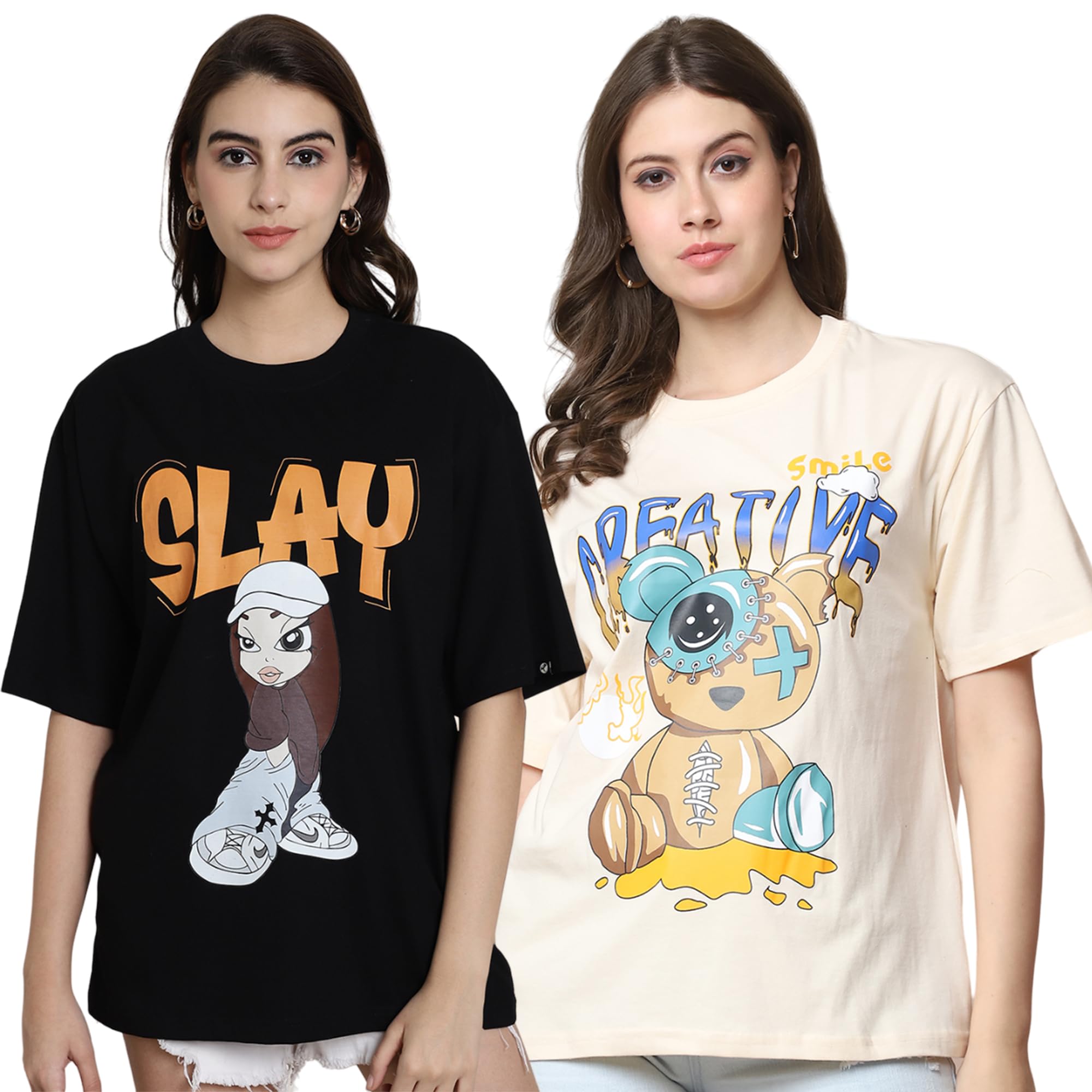 Women's Cotton Graphic Latest Printed Baggy Fit Drop-Shoulder Sleeves Cotton Oversized T-Shirt (Pack 2)-image-0