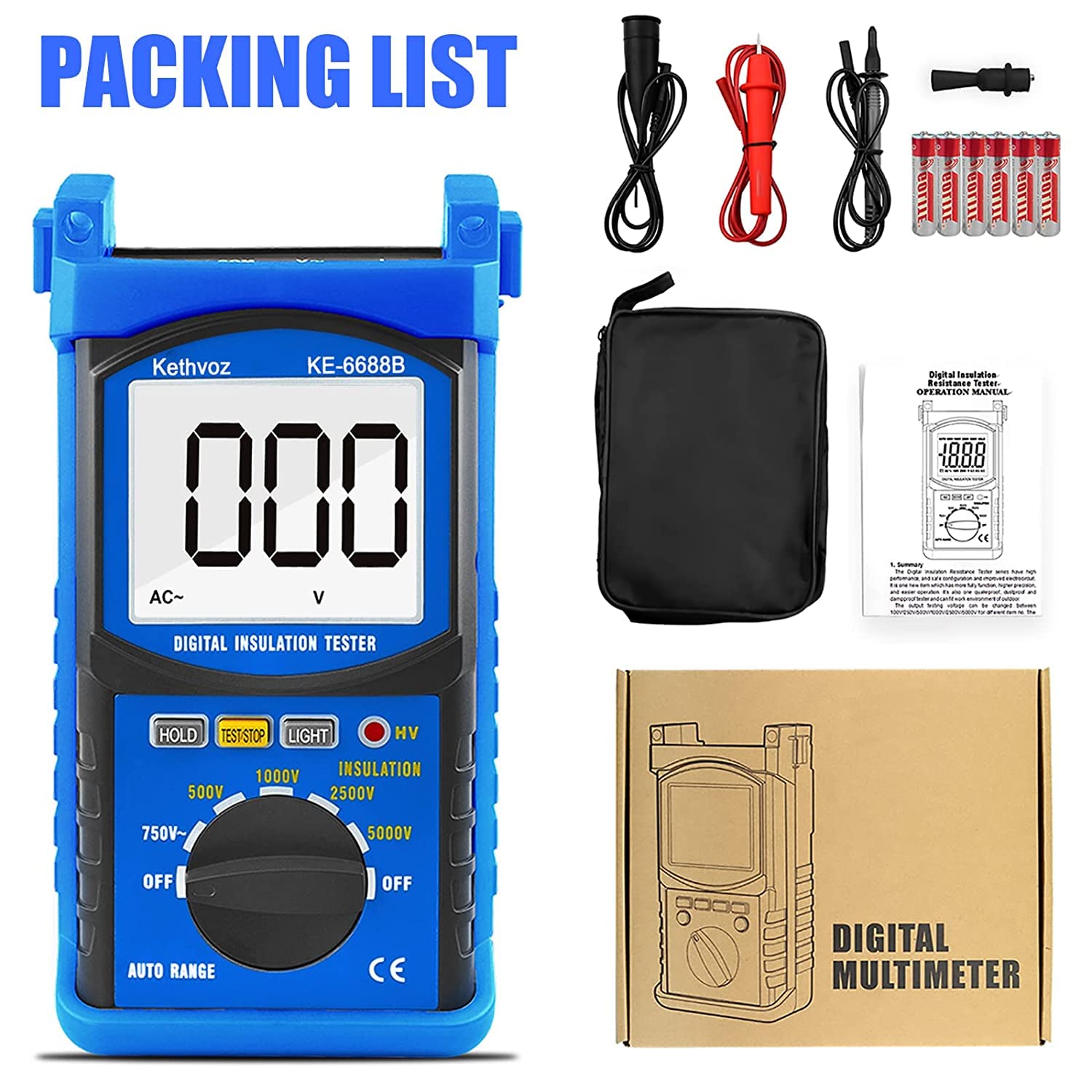 Digital Megohmmeter, Kethvoz 500V/1000V/2500V/5000V Insulation Resistance Tester, Auto Range Megohm Meter 1MΩ~2GΩ, Testing AC Voltage 750V,Data Hold Backlit LCD for Heat Cable HAVC Motor Winding