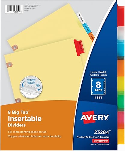 Avery Separadores insertables con pestaña grande, papel pulido, 8 pestañas multicolor, 1 juego (23284)