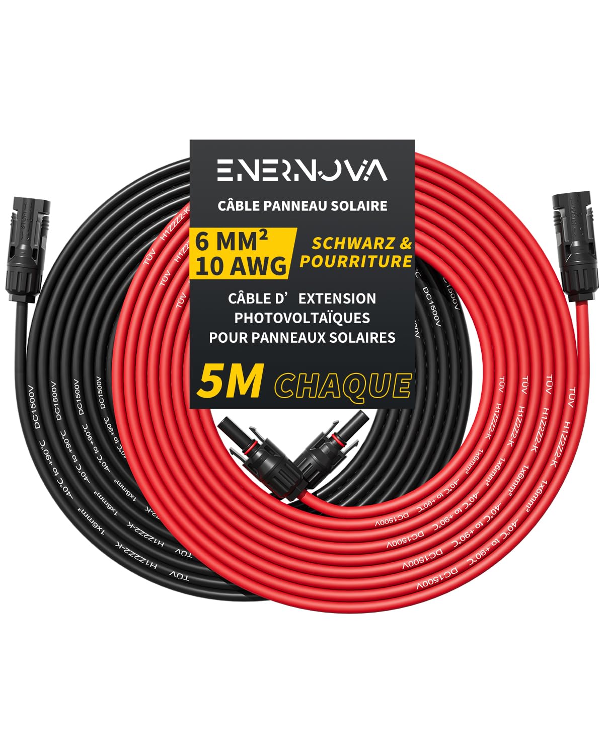 Câble Solaire 4mm²/6mm², Cable Panneau Solaire 1/2/3/5/8/10/12/15/18/20M, IP67 Étanche, Câble d'extension de Câble Solaire avec Connecteurs Mâles et Femelles pour Panneau Solaire(6mm² 5M)