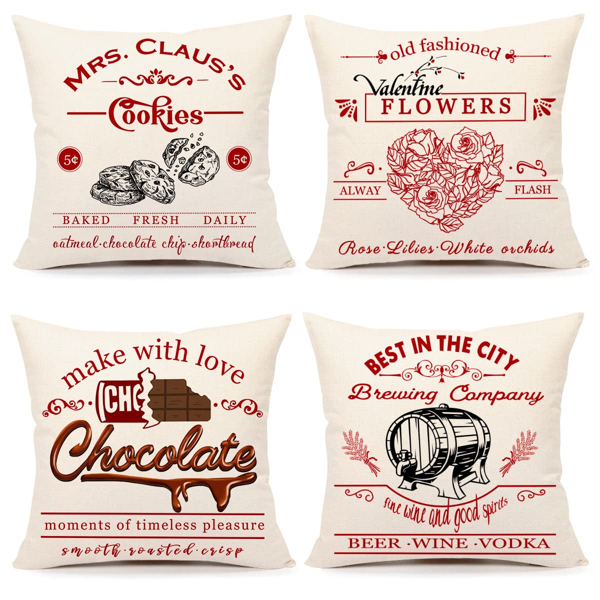 Photo 1 of 4TH Emotion Valentines Day Pillow Covers 18x18 Set of 4 Spring Farmhouse Decor Cookies Flowers Chocolate Holiday Decorations Throw Cushion Case for Home Decorations TH079