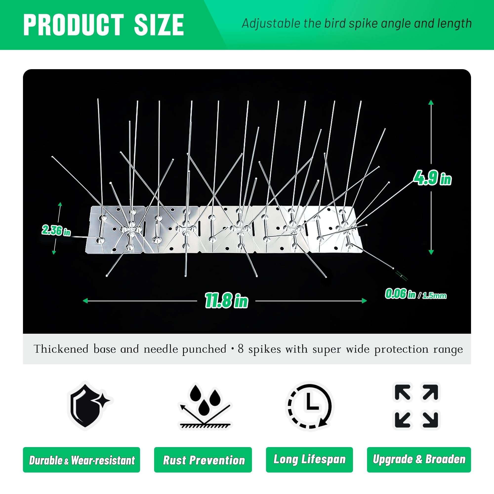 Pinchos para pájaros de acero inoxidable, picos de paloma para exteriores para mantener alejados a los pájaros con una cobertura de 7.9 pulgadas más ancha de 49.2 pies de longitud, desmontados con