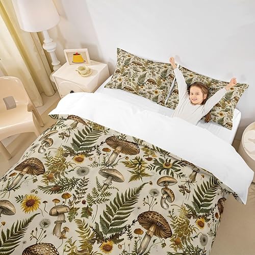 Miniatura 177 de Juego de funda de edredón de 3 piezas, diseño de hongos, diseño de hojas botánicas de acuarela y fresa, para niños, adolescentes, adultos, libélula