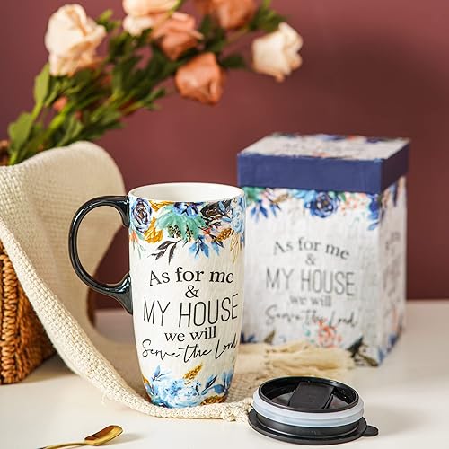 Miniatura 30 de DUSVALLY Taza de café de cerámica con tapa, taza de té de latte de porcelana con asa, 17 onzas, color negro Negro -,Negro y girasol,Azul,Flor