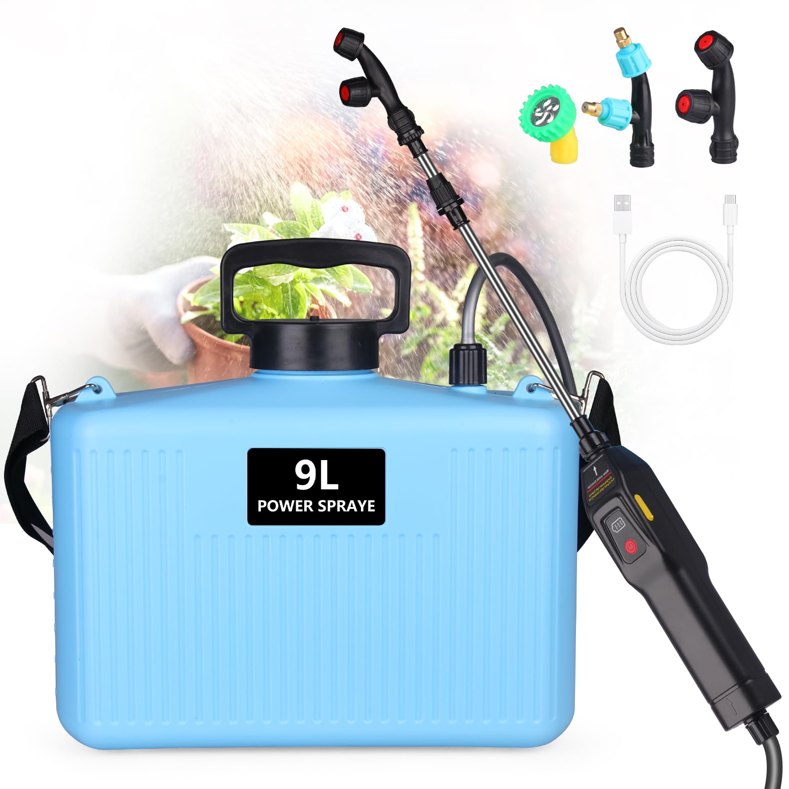 Pulverizador Eléctrico 9L, Jardin Pulverizador con 3 boquillas, Varilla Retráctil, Pulverizadors Plantas Recargable por USB con Correa para el Hombro