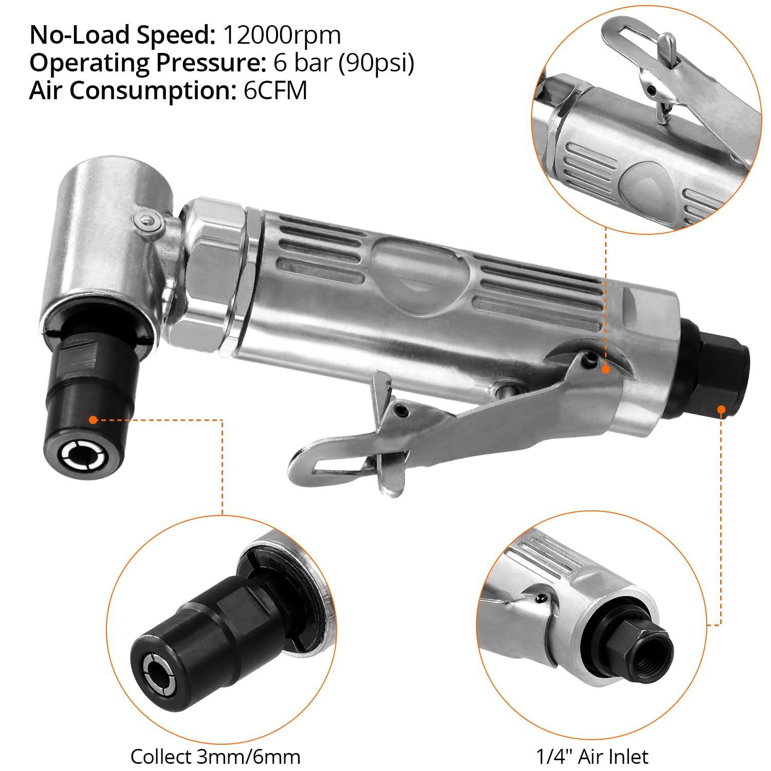 QWORK® Amoladora angular de 90° y muelas abrasivas de 50 mm - presión de funcionamiento 6,2 bar, velocidad de ralentí 12000 rpm - para pulido y esmerilado de precisión