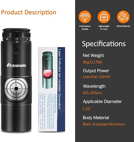 Miniatura 7 de Astromania Colimador láser para telescopios newtonianos dobsonianos Marca, alineación de telescopios de 1.25 pulgadas con 7 niveles de brillo láser