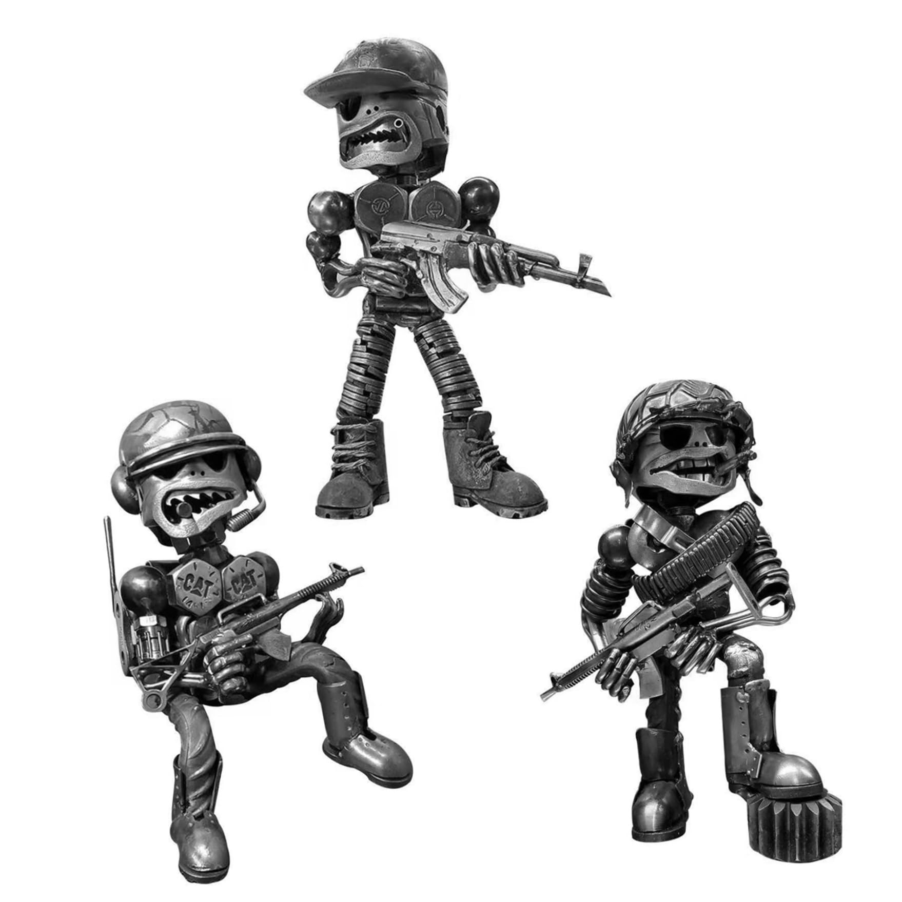 Hintyne Garden Ornament Scrap Standing Warrior Sculpture Piston Man Machine Statues Soldier Garden Ornaments Home Decor for Office Desk 3Pcs