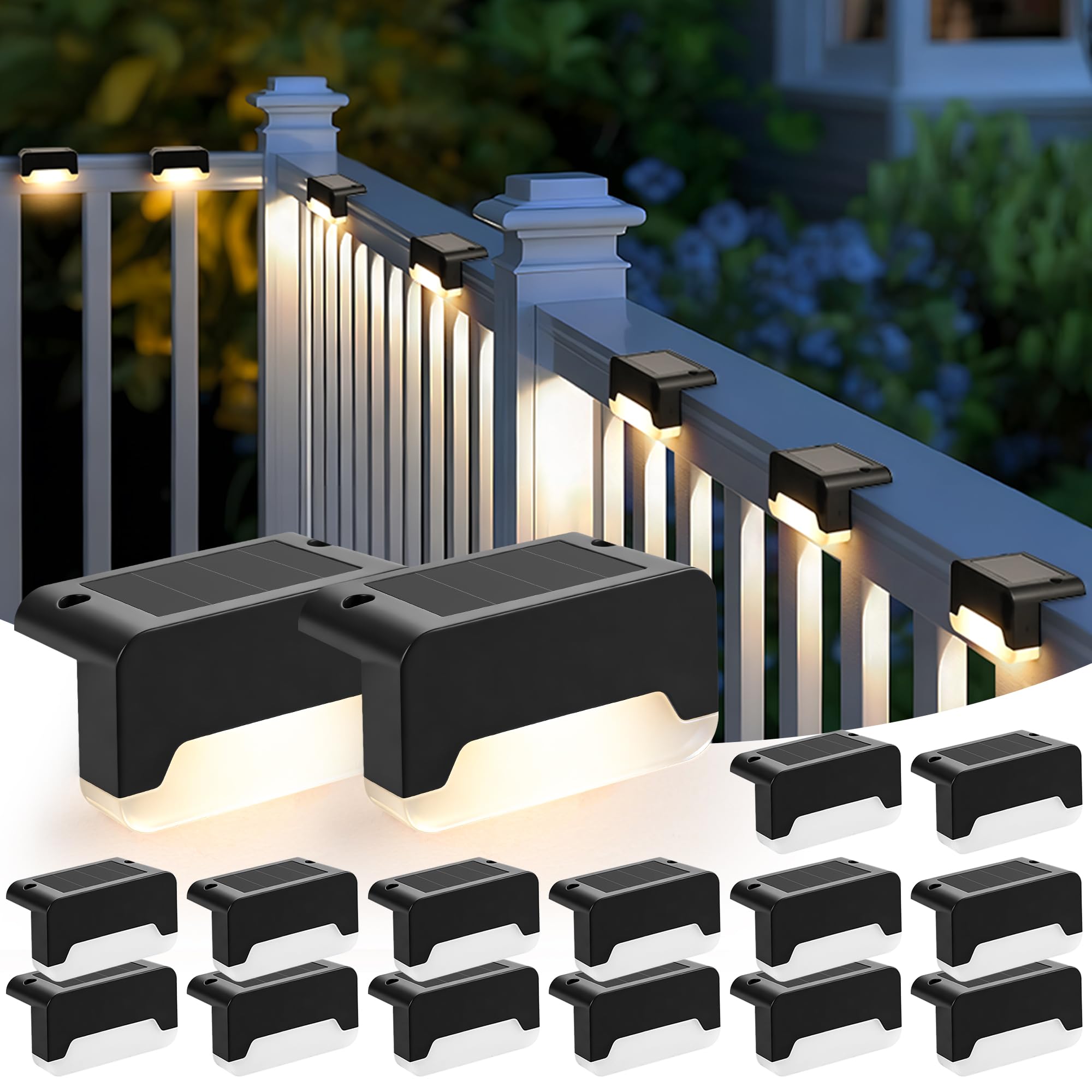 Solpex Solar Fence Lights Outdoor Garden, 16 Pack Solar Deck Lights Outdoor, IP44 Waterproof for Stairs, Fence, Yard, Garden, Patio, Pathway(Black, Warm White)