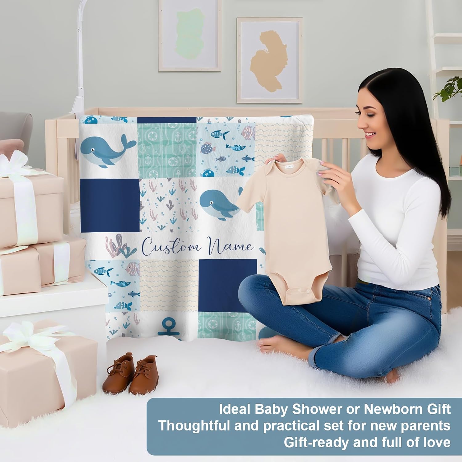 Personalized Baby Crib Bedding Set,3 Piece Custom Name Nursery Set with Blanket, Fitted Sheet & Pillowcase for Baby Girls & Boys, Ocean Wonders Theme(Fixed Size)