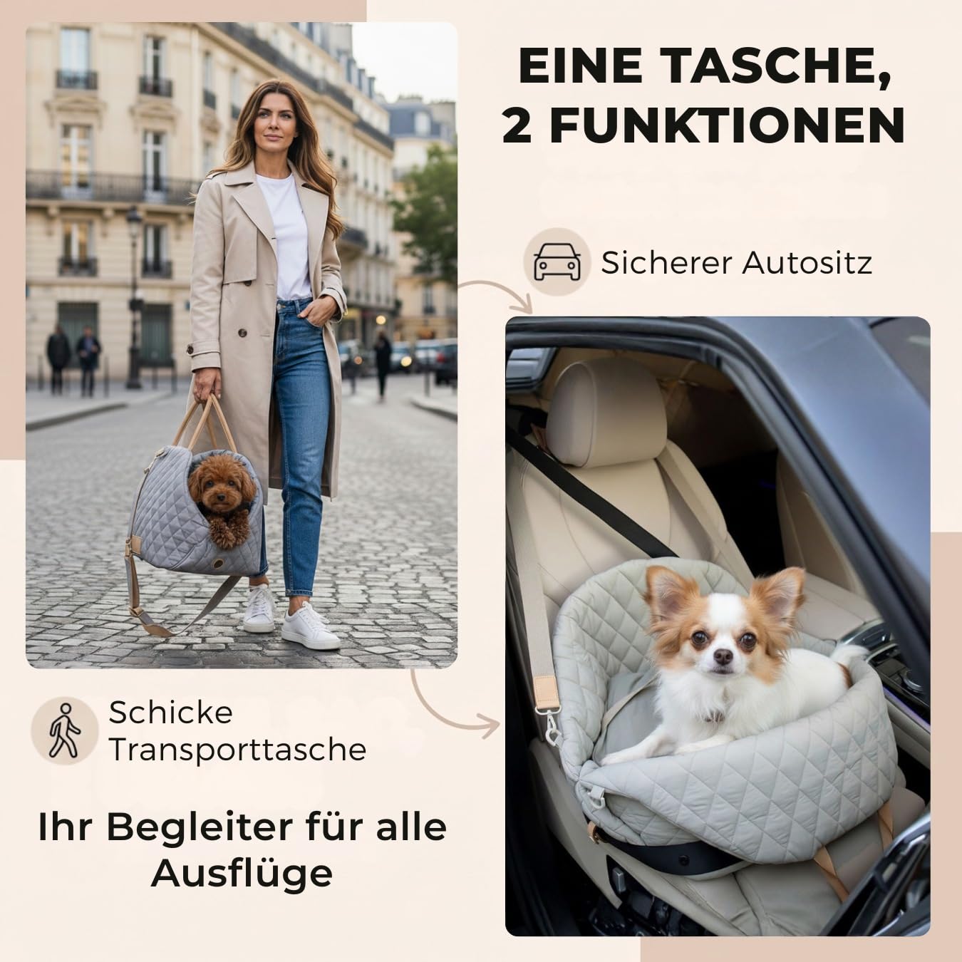 Hundetransporttasche fürs Auto Hundesitz | Tragetasche kleine Hunde bis 3kg | Komfortable Tragetasche mit Polster, Schultergurt und Sicherheitsleine.