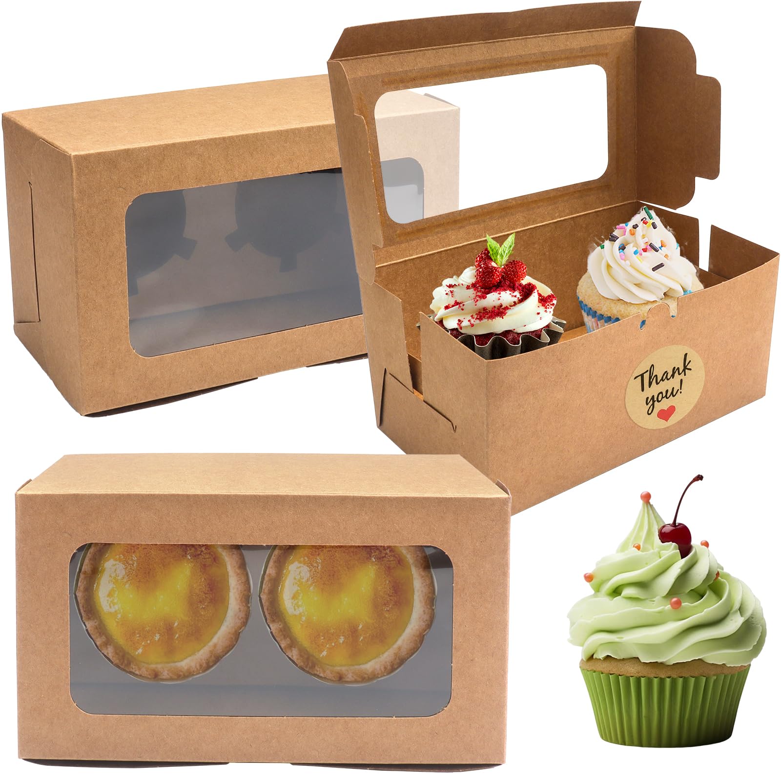 Lhnndm Kraft 2 Hole 20 Pcs Cupcake Boxes 2 Hole With Window And Stickers, Cupcake Carrier Bakery Pastry Boxes Cookie Treat Muffins Boxes Carrier For Home Baker Birthday (Kraft 2 Hole)