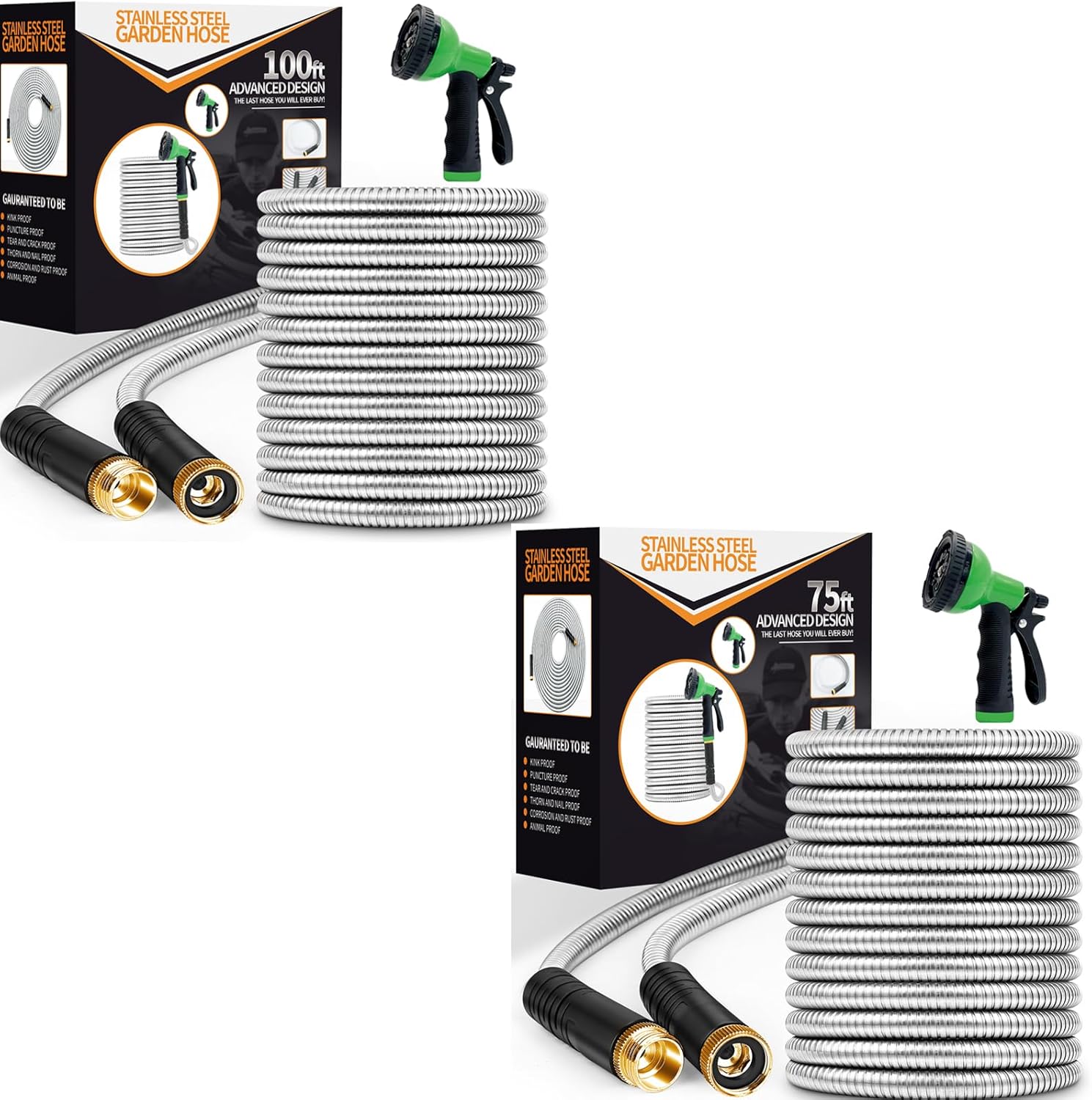 75ft+100ft Metal Garden Hose, Stainless Steel Heavy Duty Water Hose with 10 Function Nozzle Flexible, Lightweight, Kink Free & Tangle Free, Pet Proof, Puncture Proof Hose for Yard, Outdoor