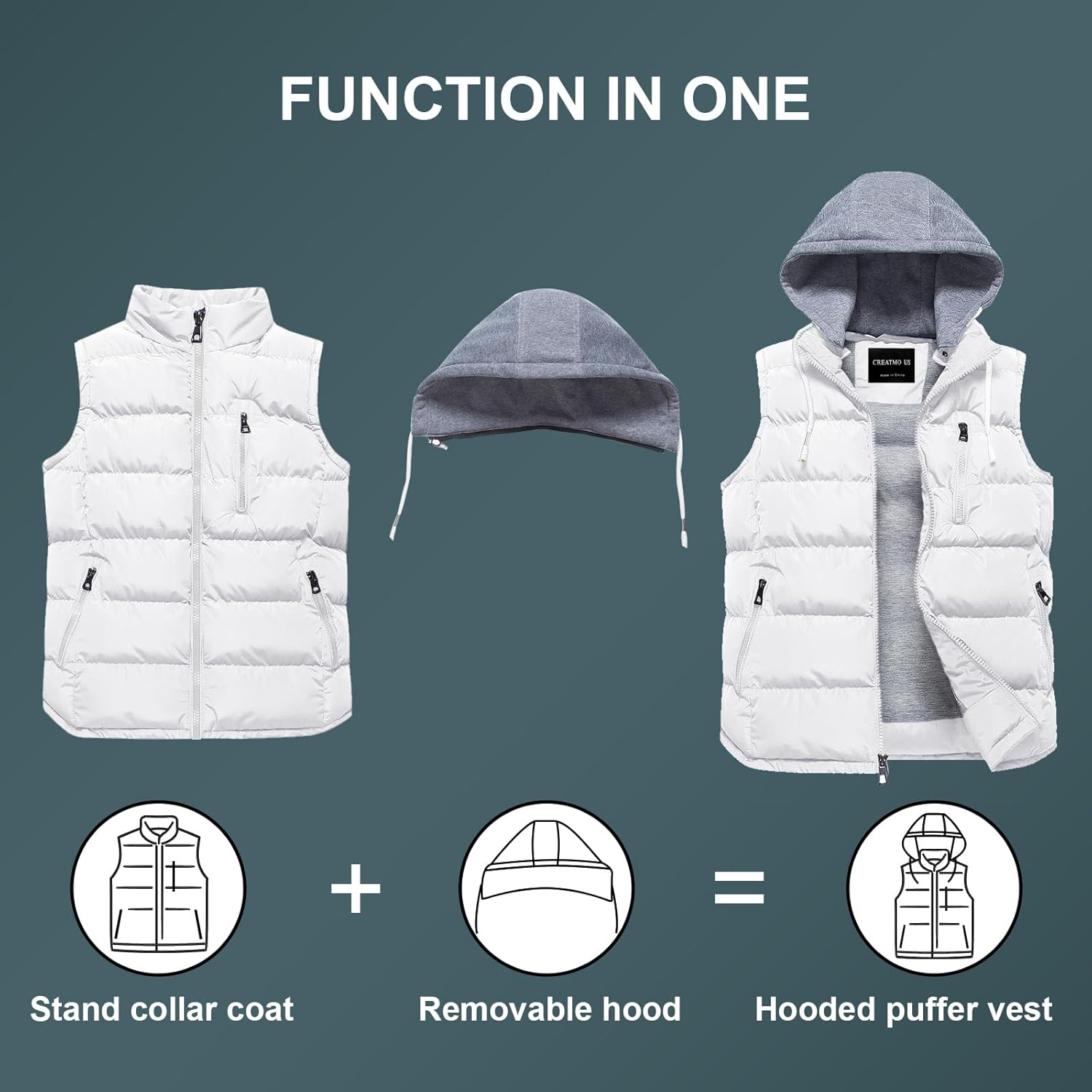 CREATMO US Men's Outdoor Winter Vest Outerwear Removable Hooded Padded Puffer Sleeveless Vest - Image 4