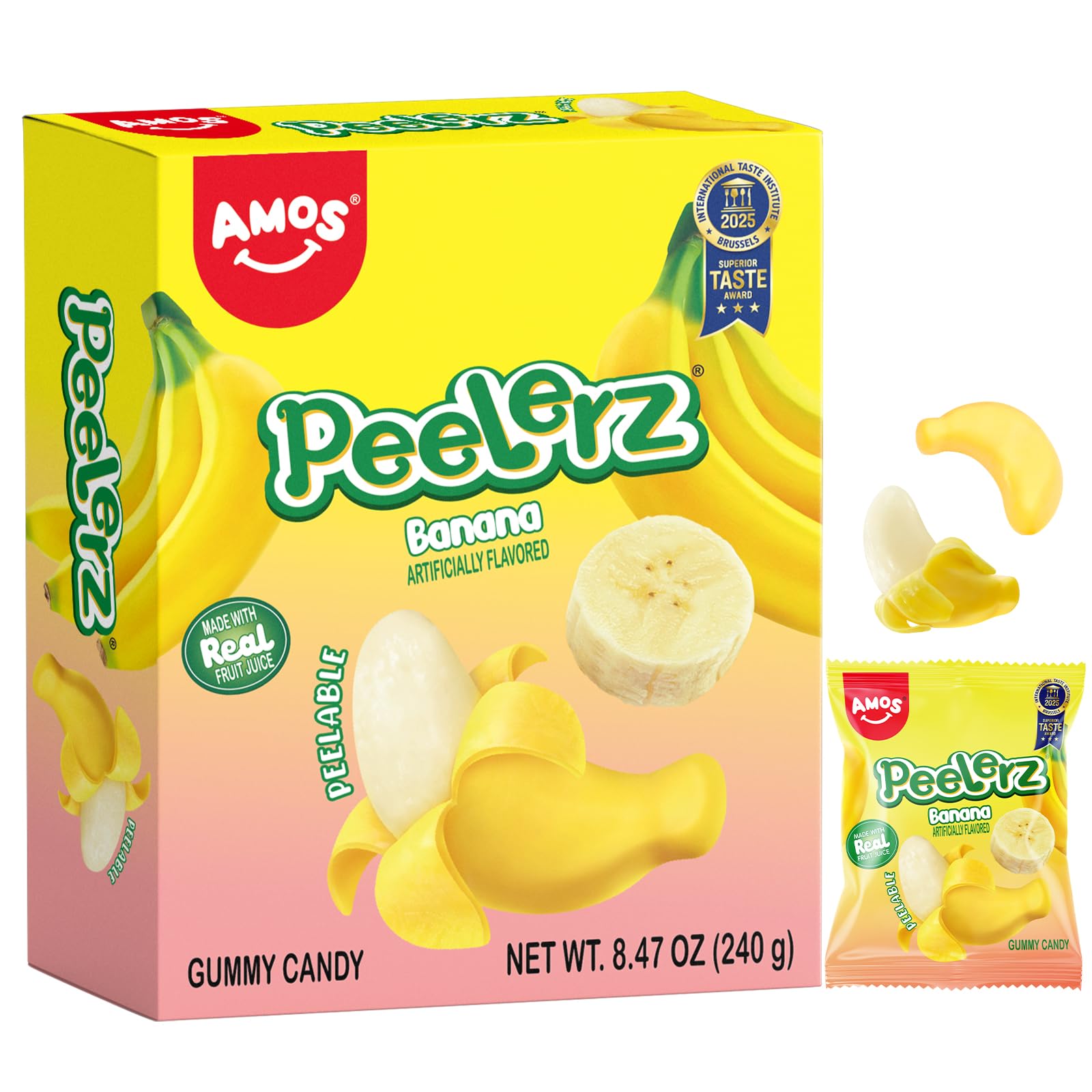 AmosPeelerz Banana Gummy Candy, Peelable Fruit-Shaped Candy, 8.47oz Box with 10 Individual Packs – Fun Peeling Gummy Snack Made with Real Juice