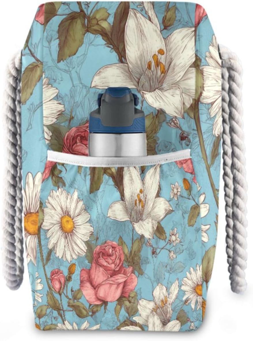OTVEE Roses Lilies and Daisy Pattern Beach Bags for Women Ladies Large Canvas Tote Shoulder Bag Waterproof Travel Bags for Gym Swim Pool Camping