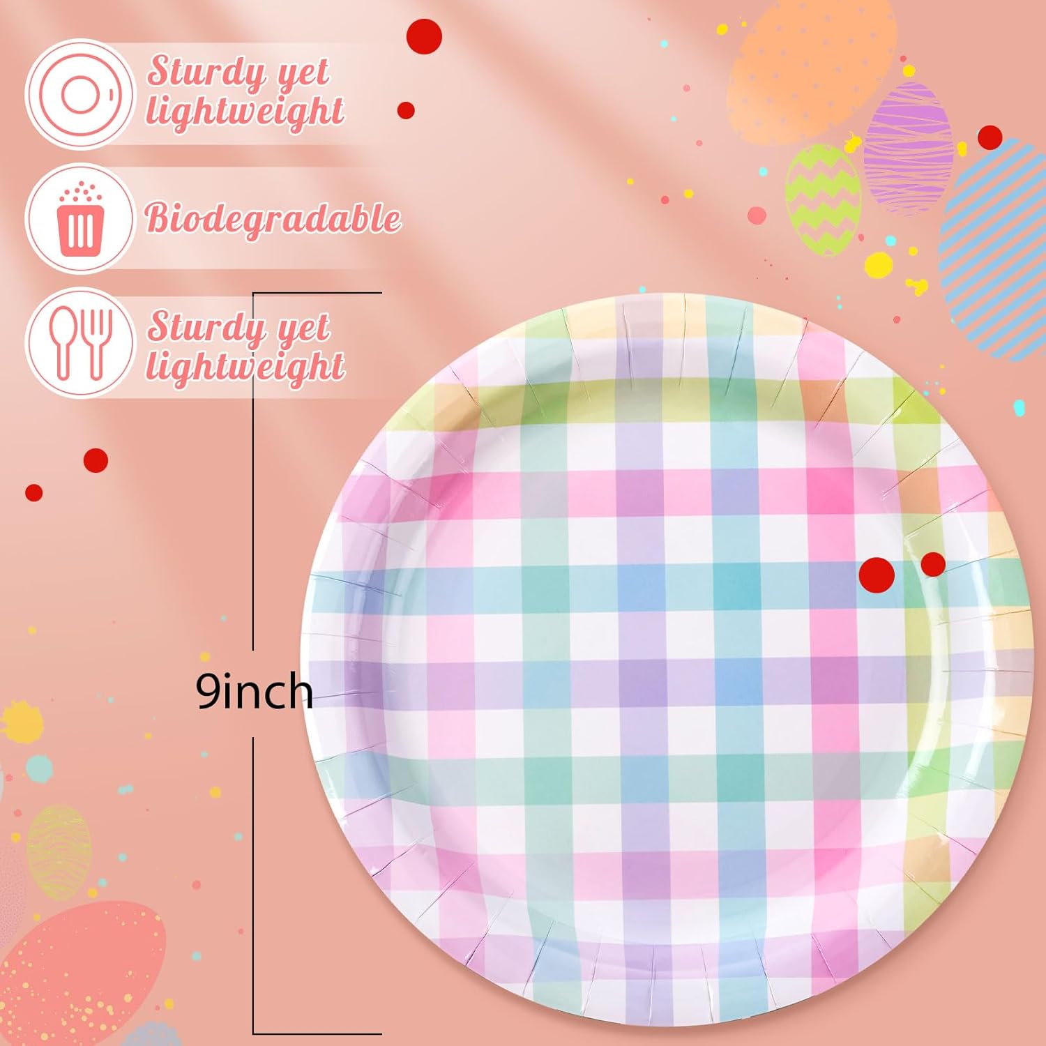 Zhehao 100 Pcs Easter Pastel Gingham Checkered Plates 9 Inch Buffalo Plaid Disposable Easter Rainbow Mix Color Paper Plates Party Decoration for Ice Cream Spring Party Birthday