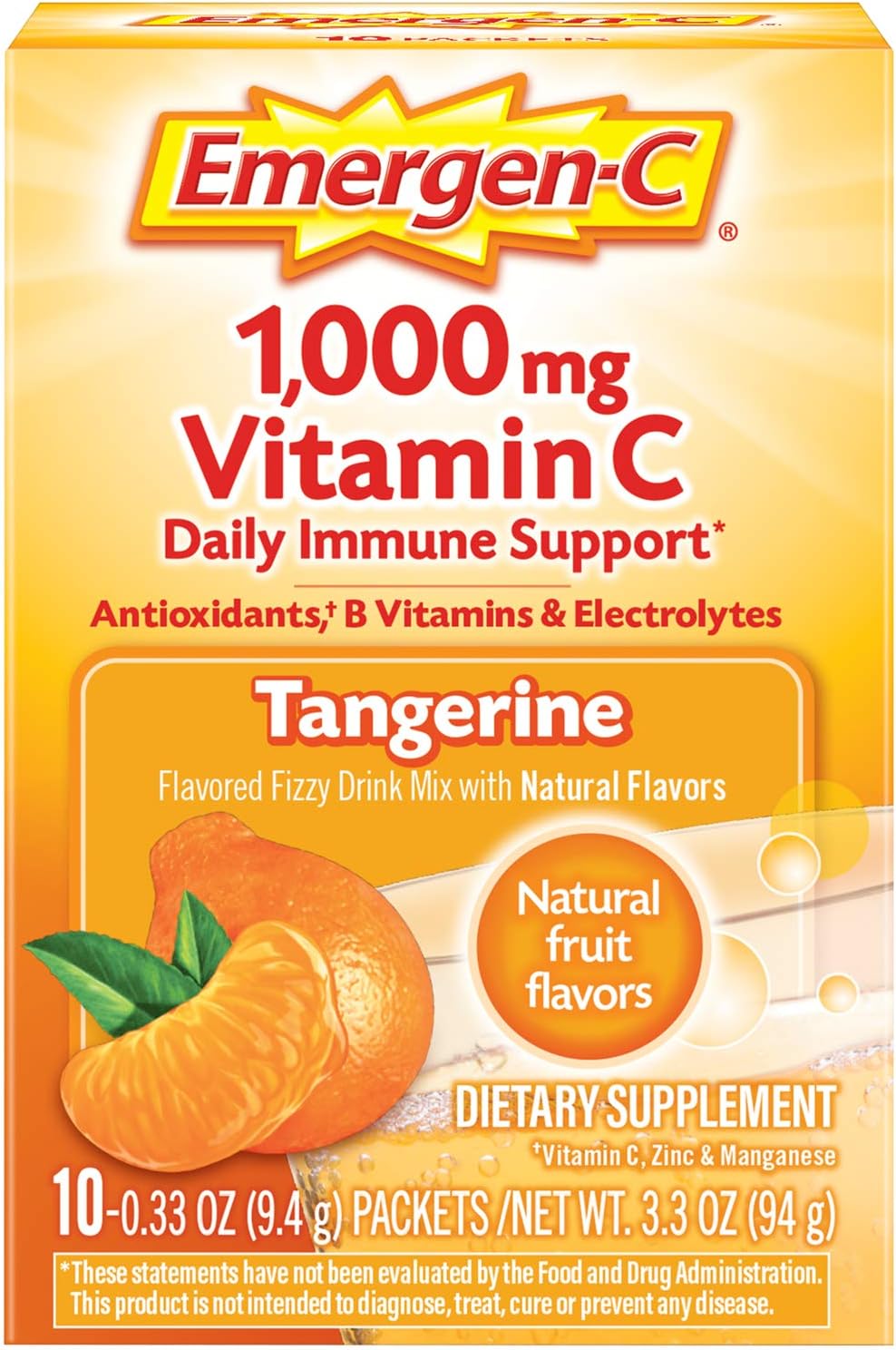Emergen-C Vitamin C 1000mg Powder (10 Count, Tangerine Flavor), With Antioxidants, B Vitamins And Electrolytes, Dietary Supplement Fizzy Drink Mix, Caffeine Free